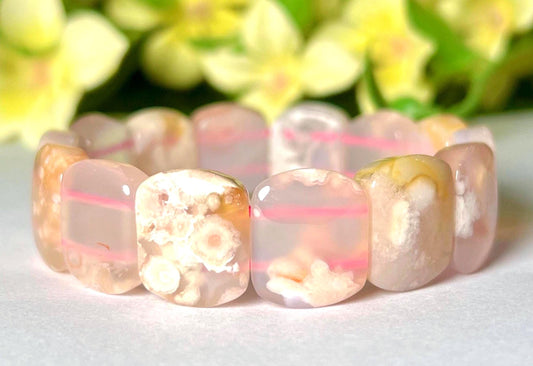 15 MM Pink Flower Agate Stone Bracelet l Stretchable Bracelet