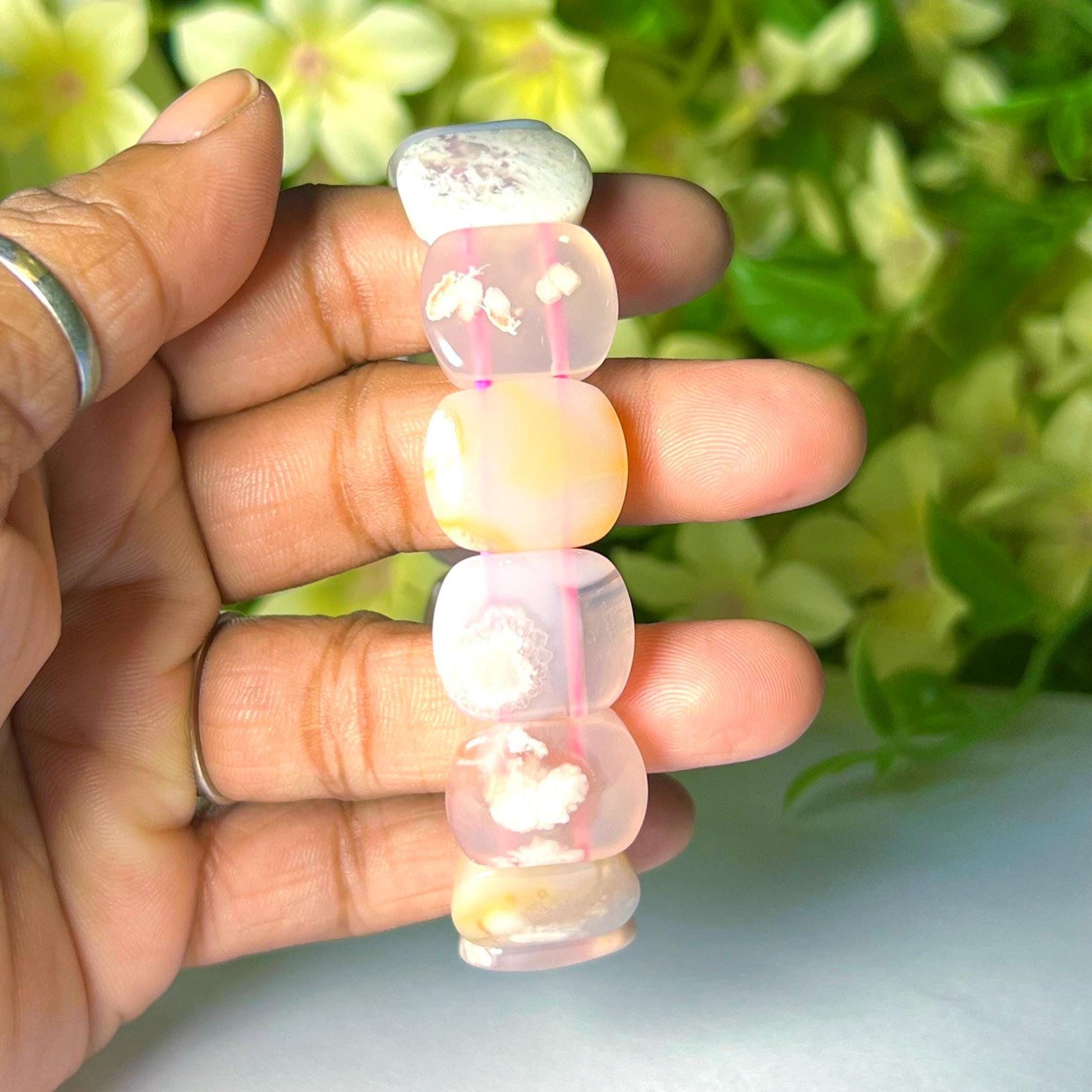15 MM Pink Flower Agate Stone Bracelet l Stretchable Bracelet
