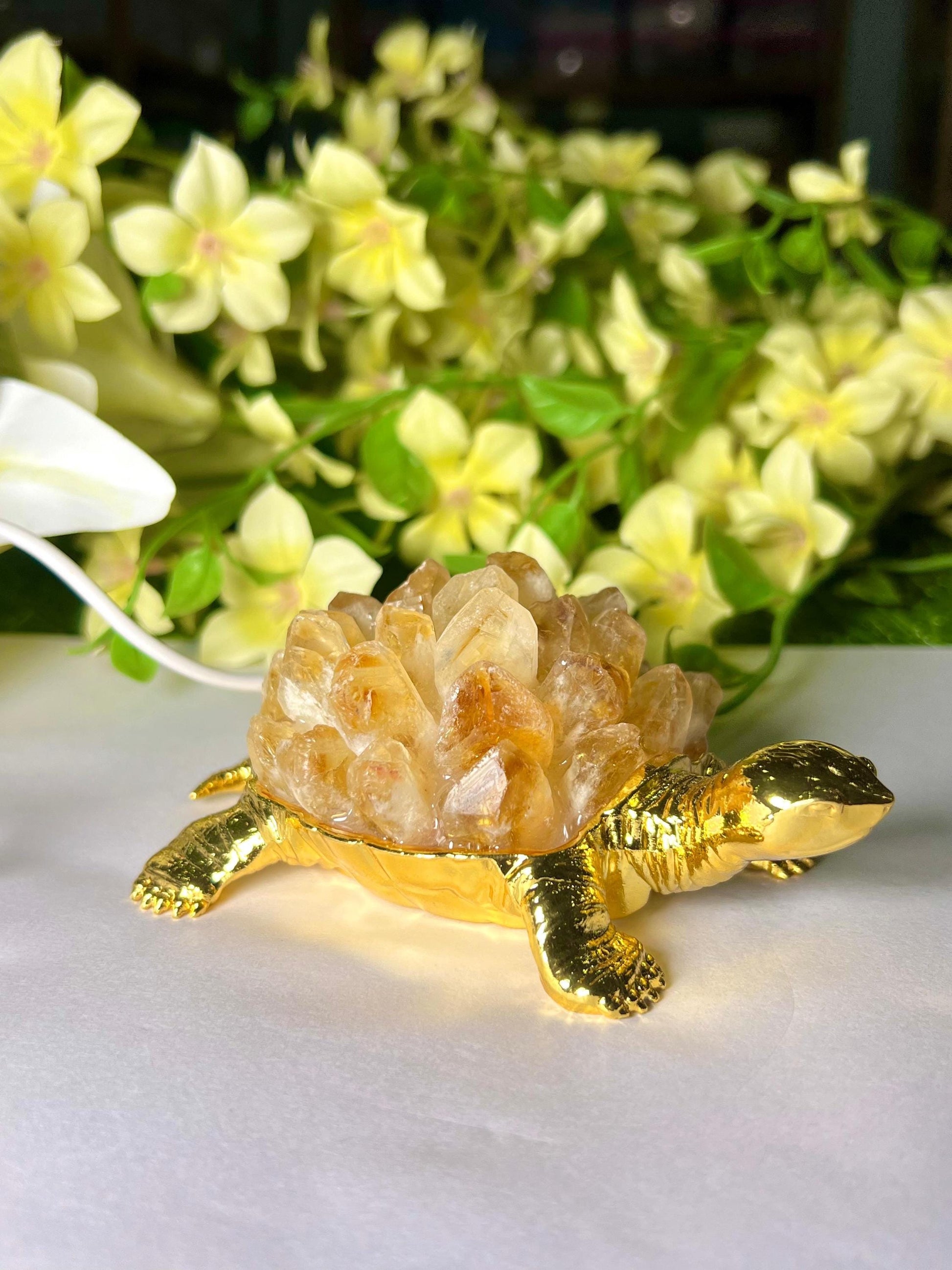 Citrine Natural Crystal Quartz Cluster Turtle USB Night Light –Energizing Lamp for Abundance,Ambiance, Home & Office Décor,Housewarming Gift