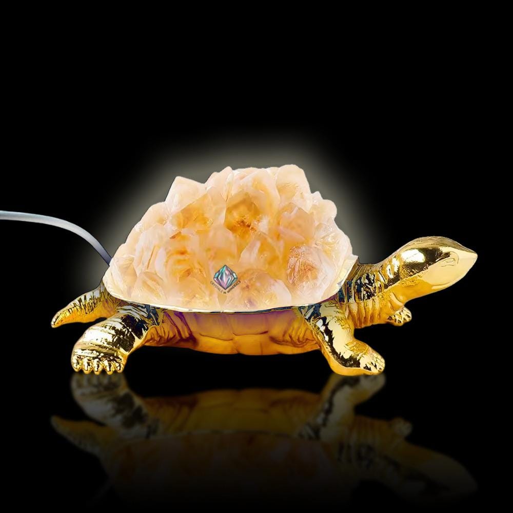 Citrine Natural Crystal Quartz Cluster Turtle USB Night Light –Energizing Lamp for Abundance,Ambiance, Home & Office Décor,Housewarming Gift