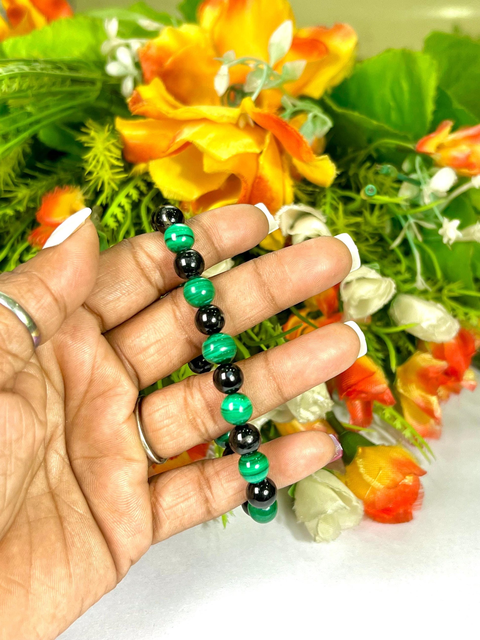 Malachite and Black Tourmaline Stone Bracelet l Stretchable Bracelet l Unisex Bracelet l 8 MM Bracelet