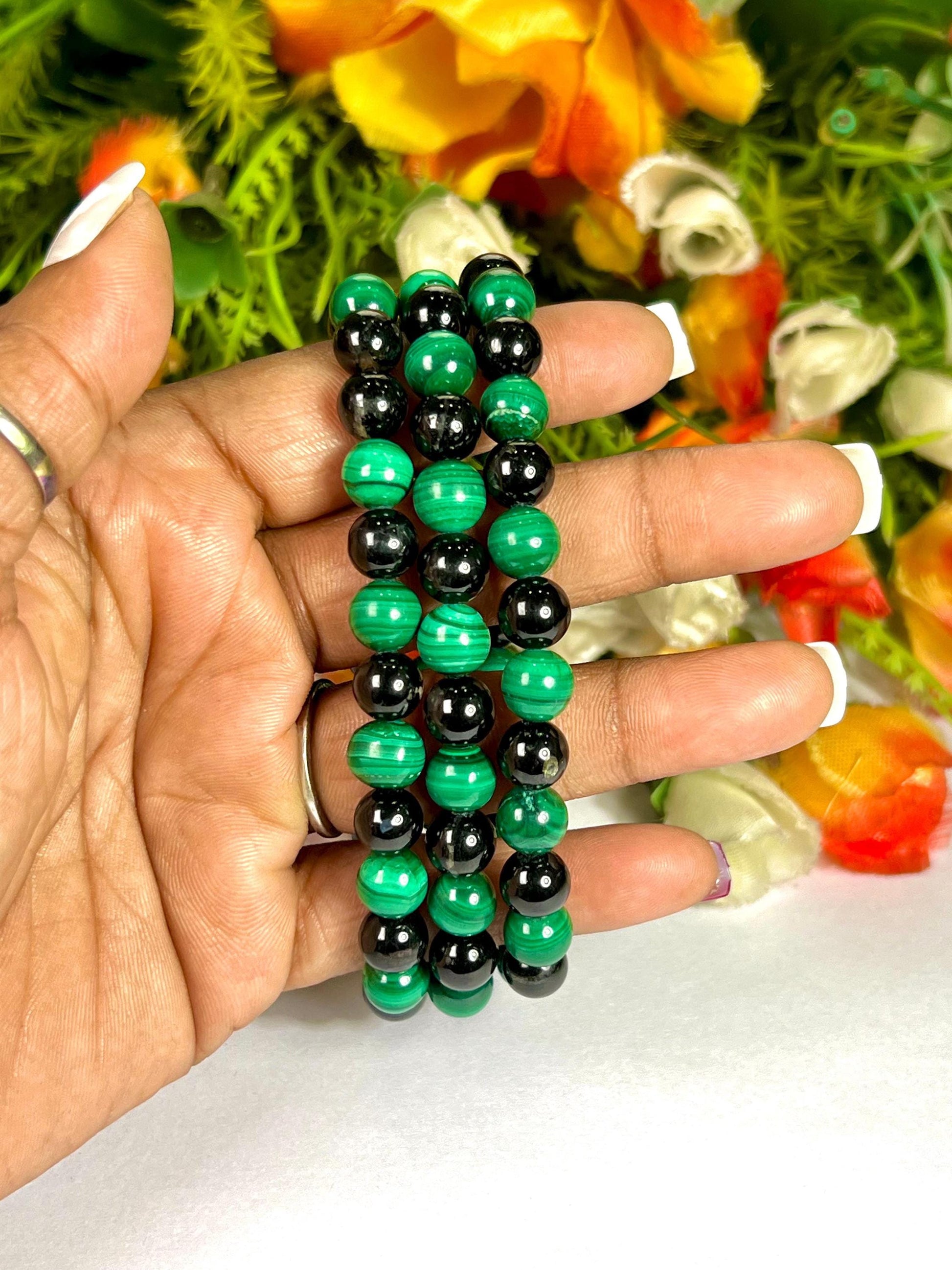 Malachite and Black Tourmaline Stone Bracelet l Stretchable Bracelet l Unisex Bracelet l 8 MM Bracelet