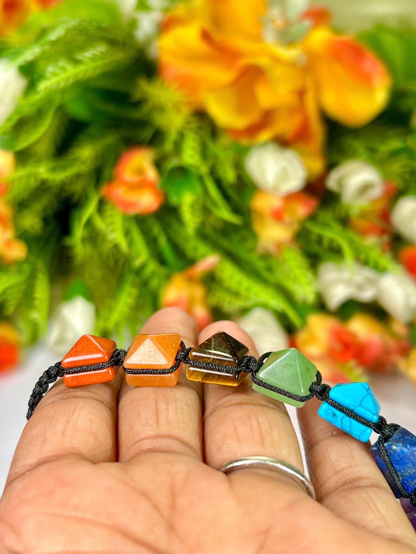 7 Seven Chakra Stone Pyramid Shape Stone Bracelet l 10 MM Adjustable Bracelet