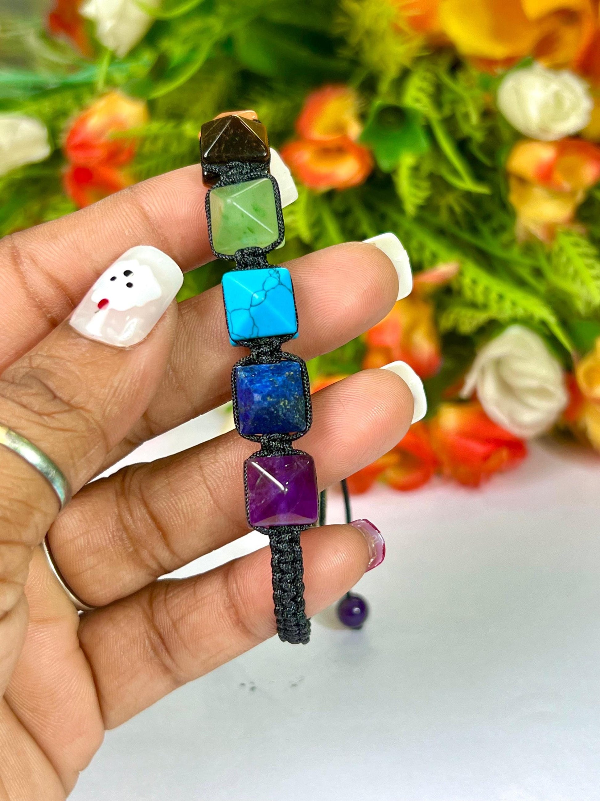7 Seven Chakra Stone Pyramid Shape Stone Bracelet l 10 MM Adjustable Bracelet