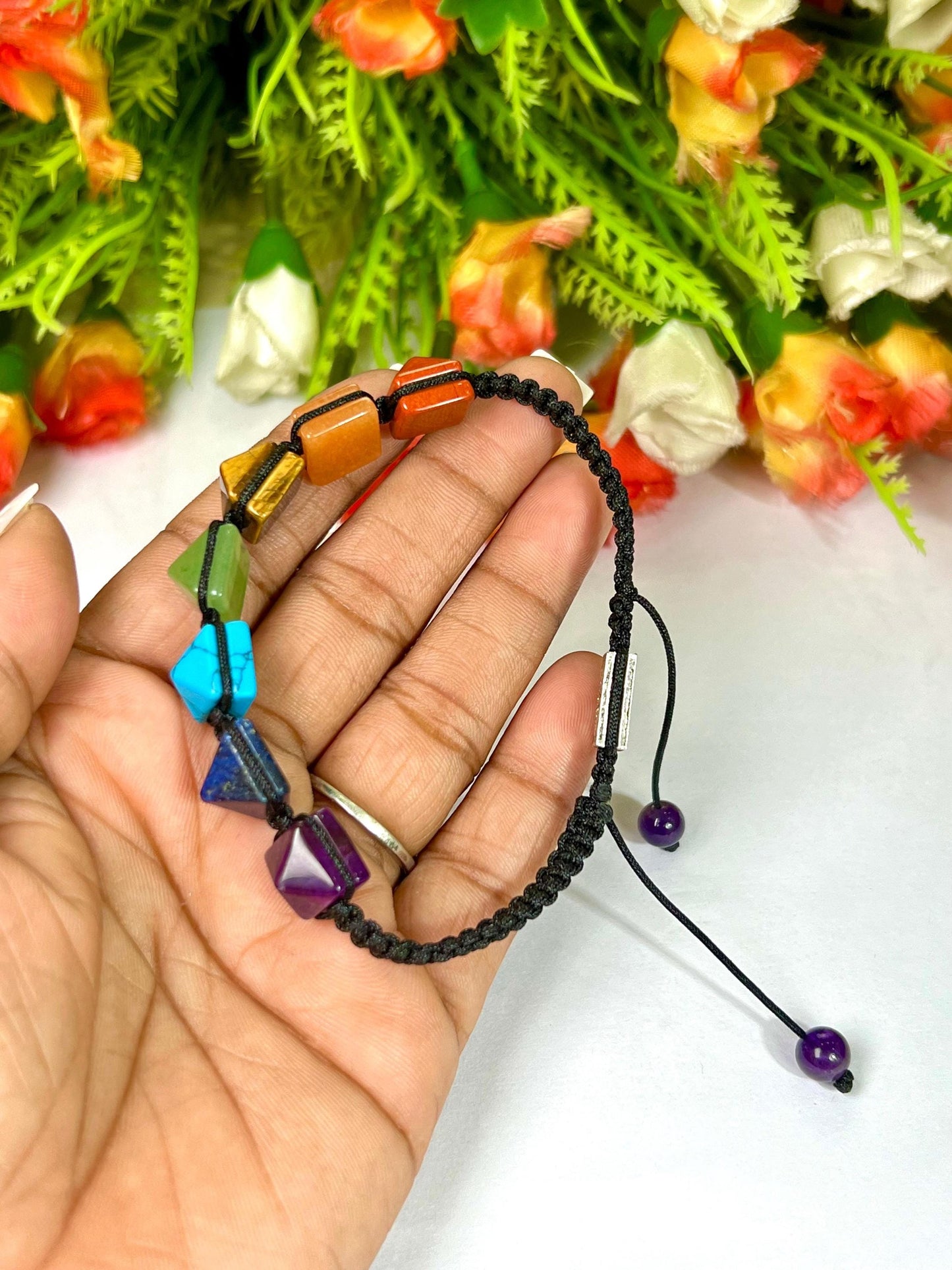 7 Seven Chakra Stone Pyramid Shape Stone Bracelet l 10 MM Adjustable Bracelet