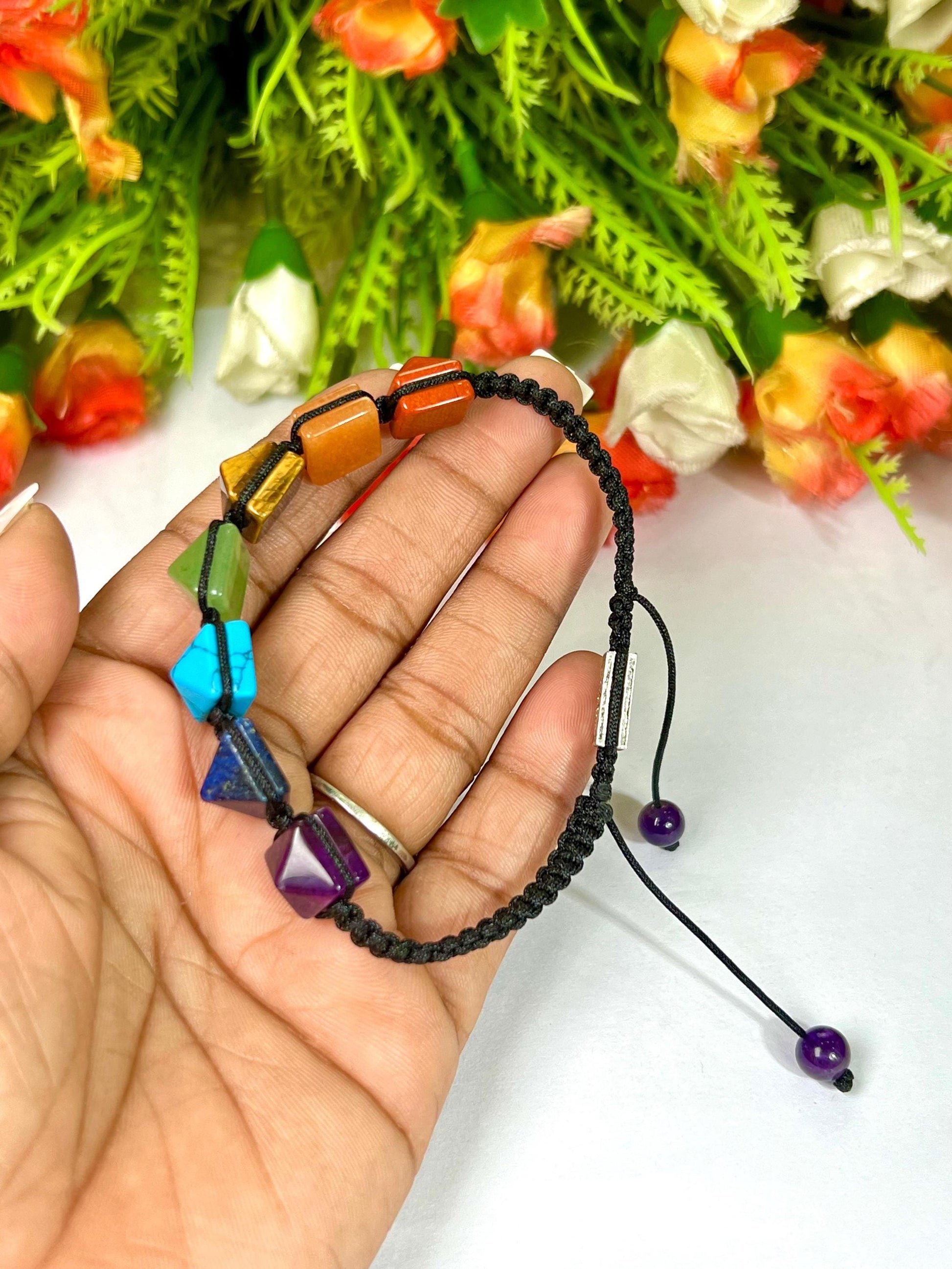 7 Seven Chakra Stone Pyramid Shape Stone Bracelet l 10 MM Adjustable Bracelet