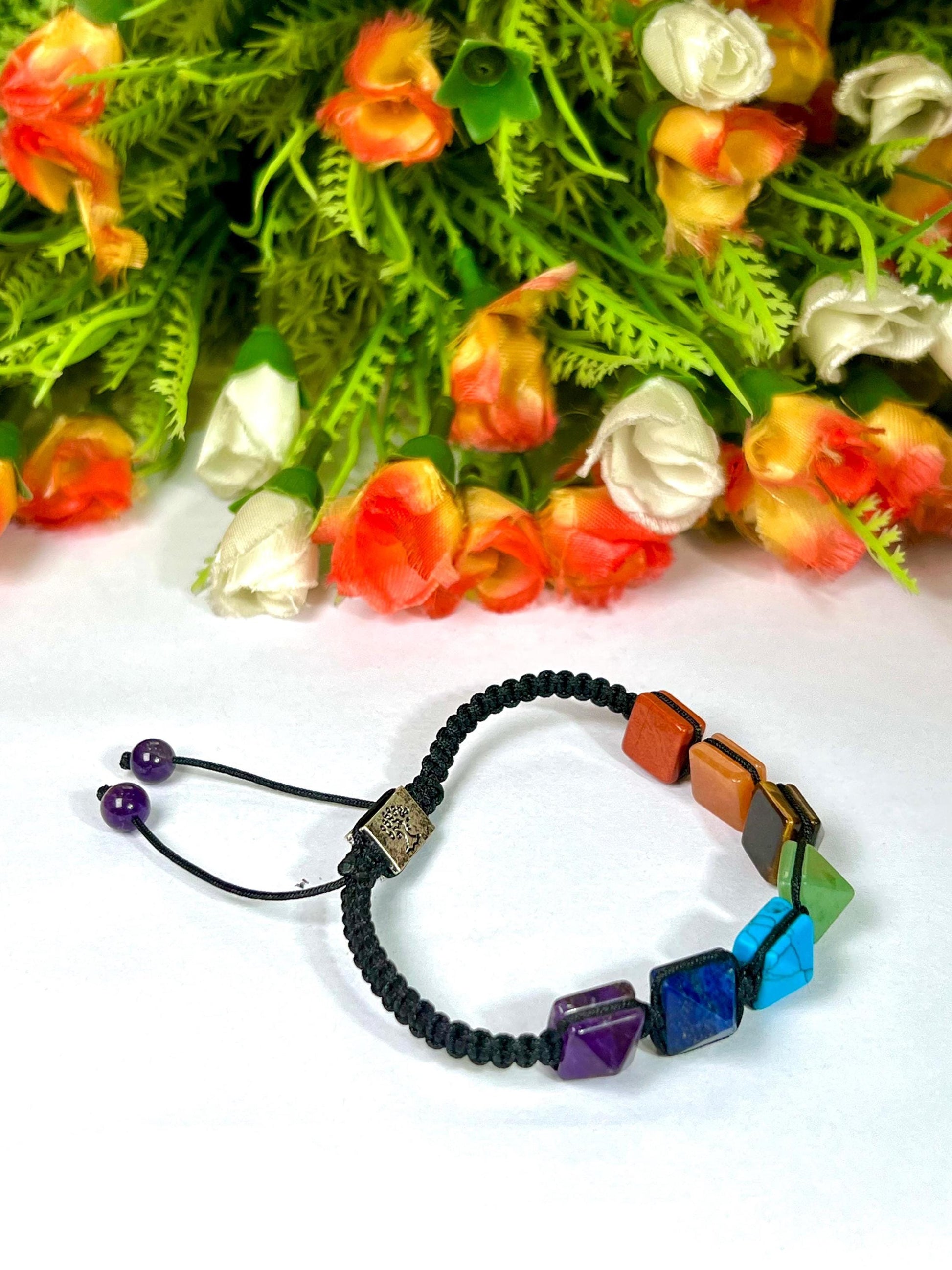 7 Seven Chakra Stone Pyramid Shape Stone Bracelet l 10 MM Adjustable Bracelet