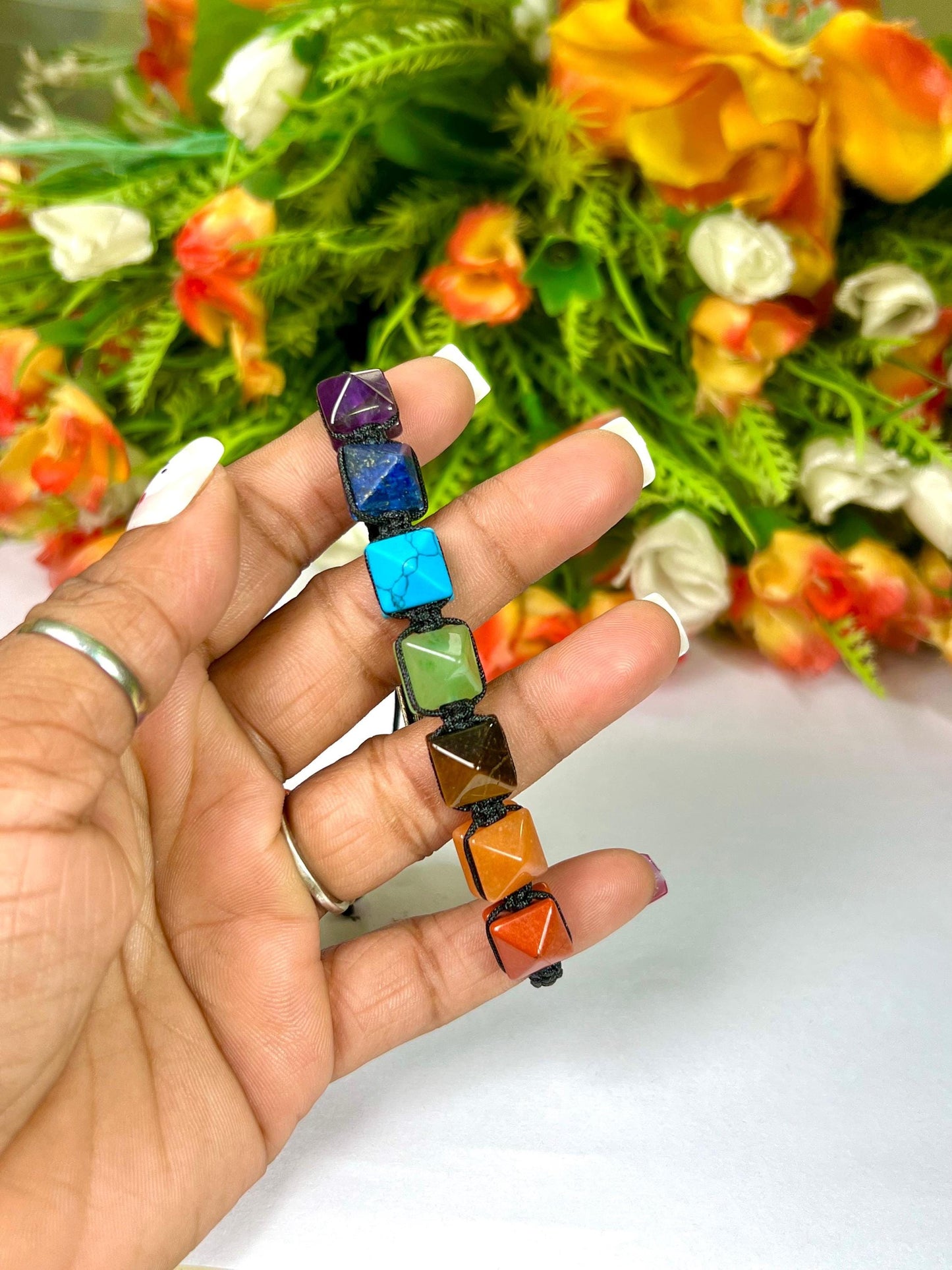 7 Seven Chakra Stone Pyramid Shape Stone Bracelet l 10 MM Adjustable Bracelet