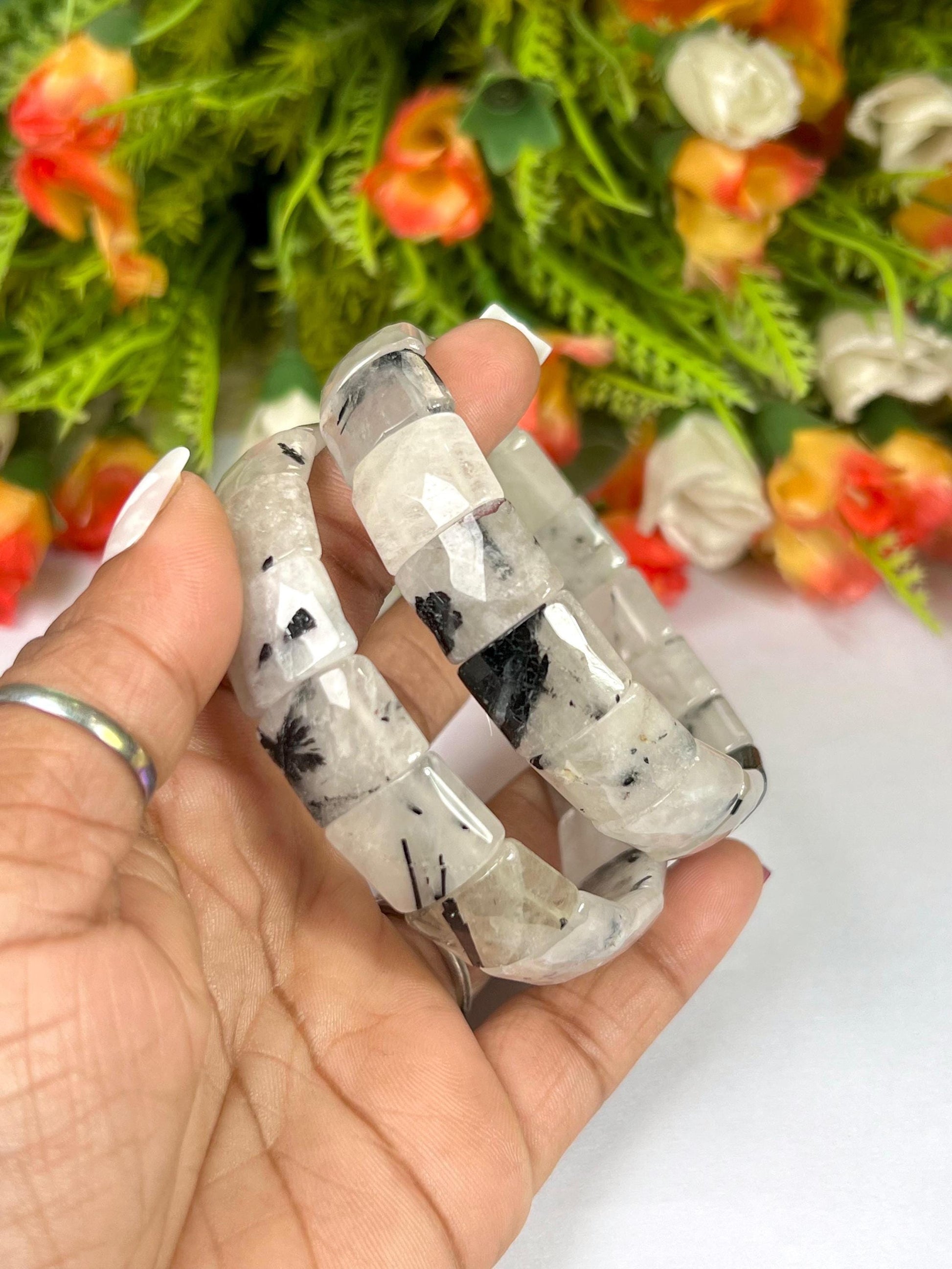 15 MM Tourmalated Quartz Stone Bracelet l Stretchable Bracelet