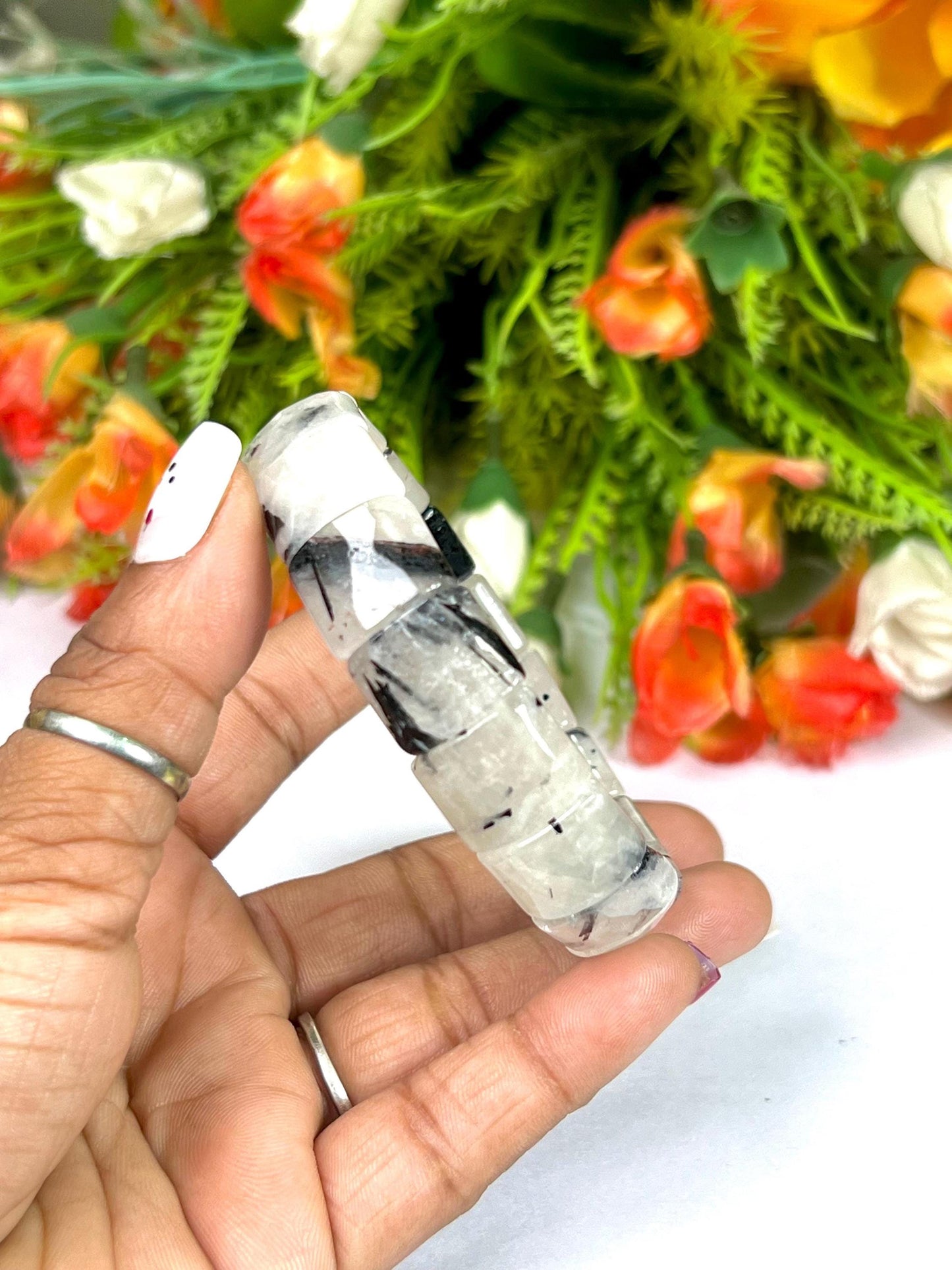 15 MM Tourmalated Quartz Stone Bracelet l Stretchable Bracelet