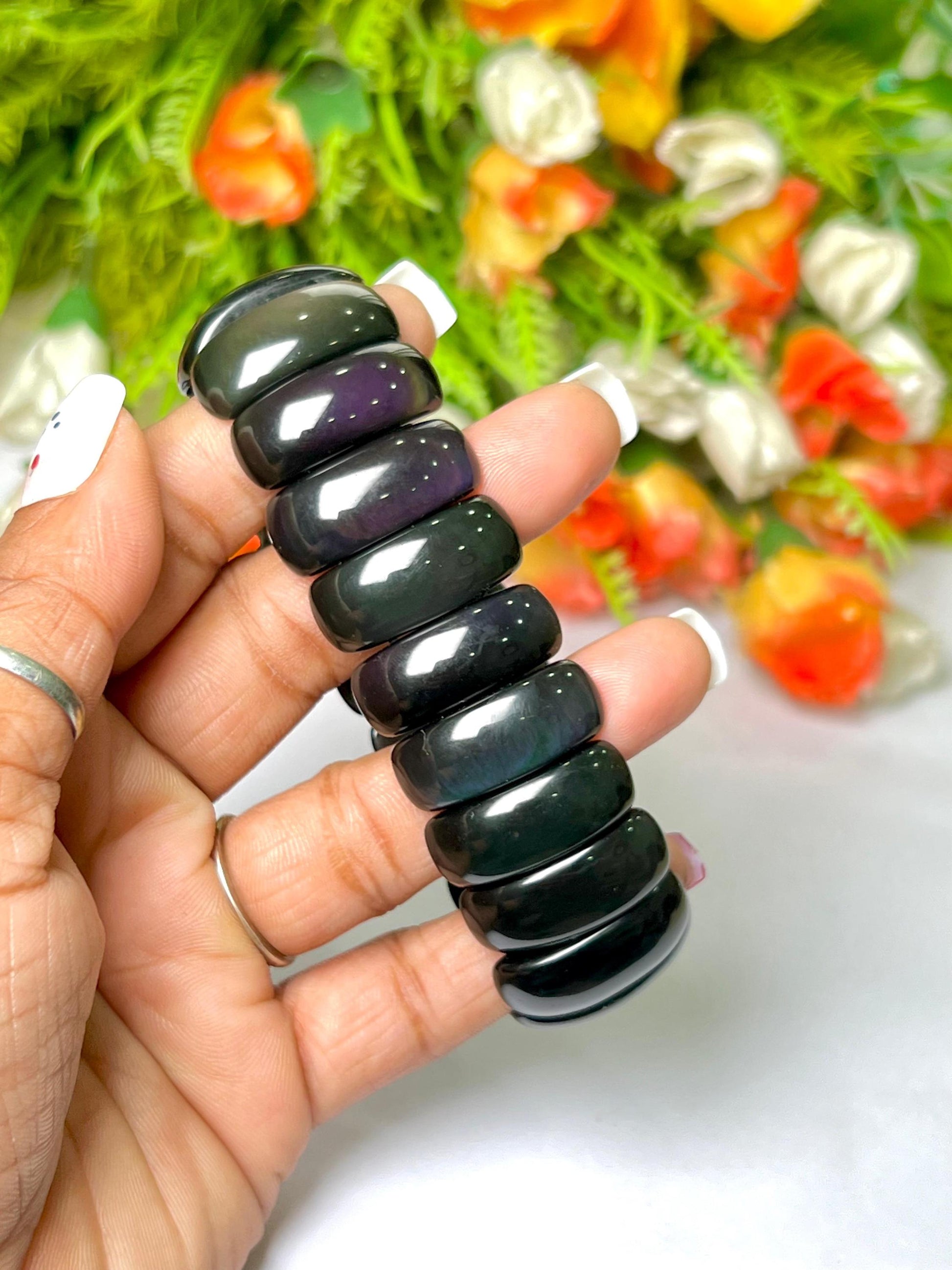 25 MM Rainbow Obsidian Stone Bracelet l Stretchable Bracelet