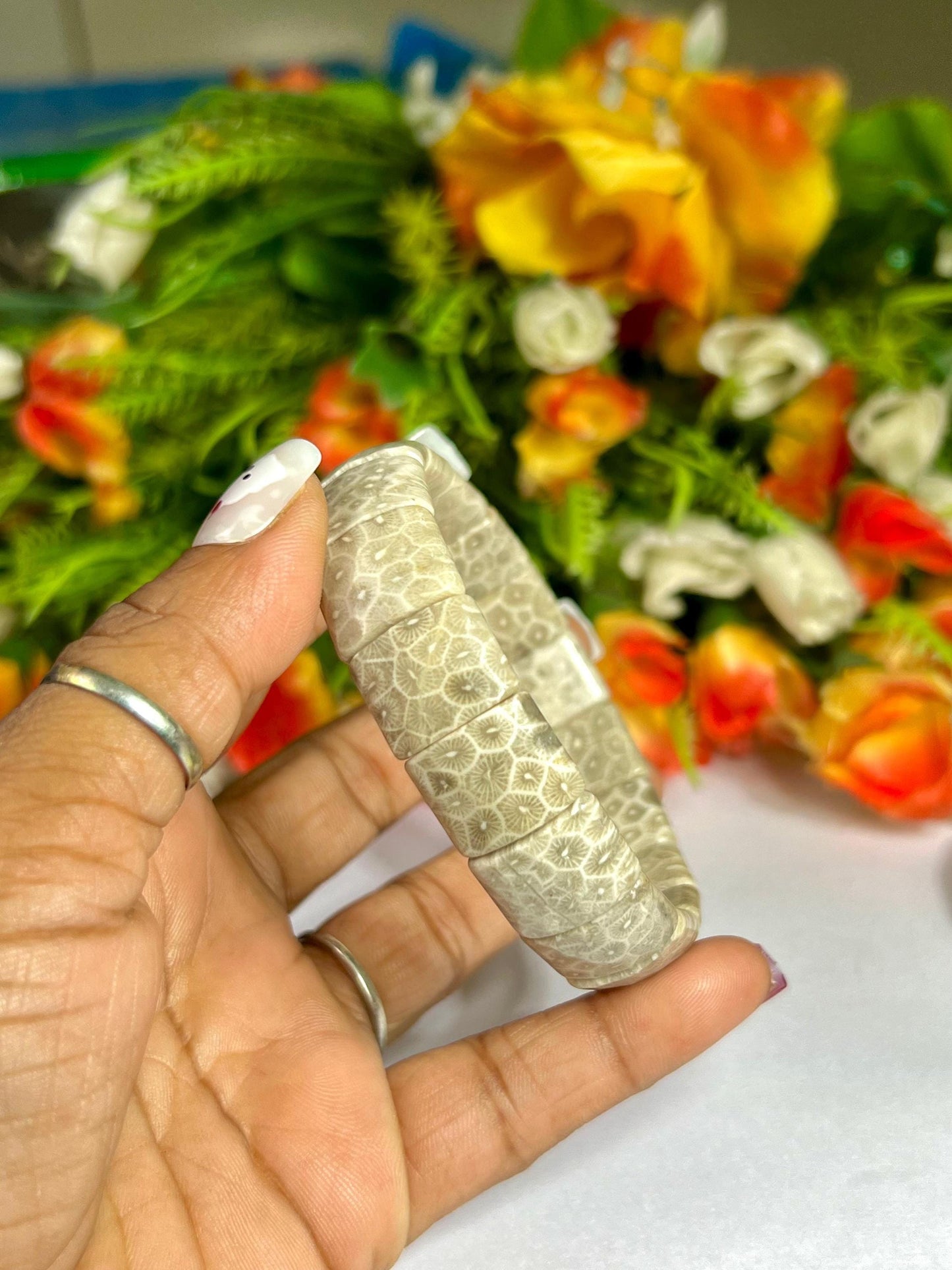 15 MM Fossil Coral Stone Bracelet l Stretchable Bracelet