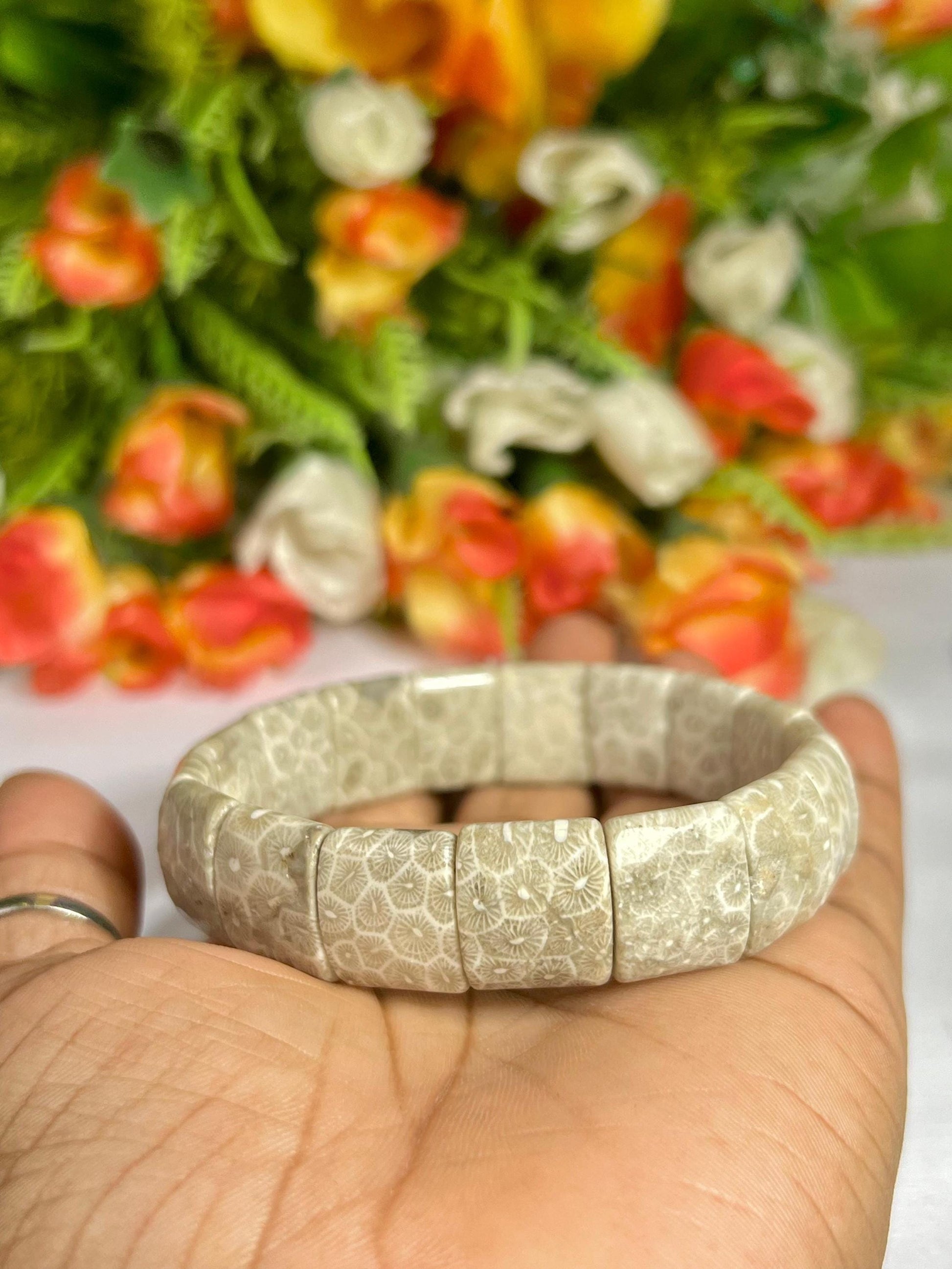 15 MM Fossil Coral Stone Bracelet l Stretchable Bracelet