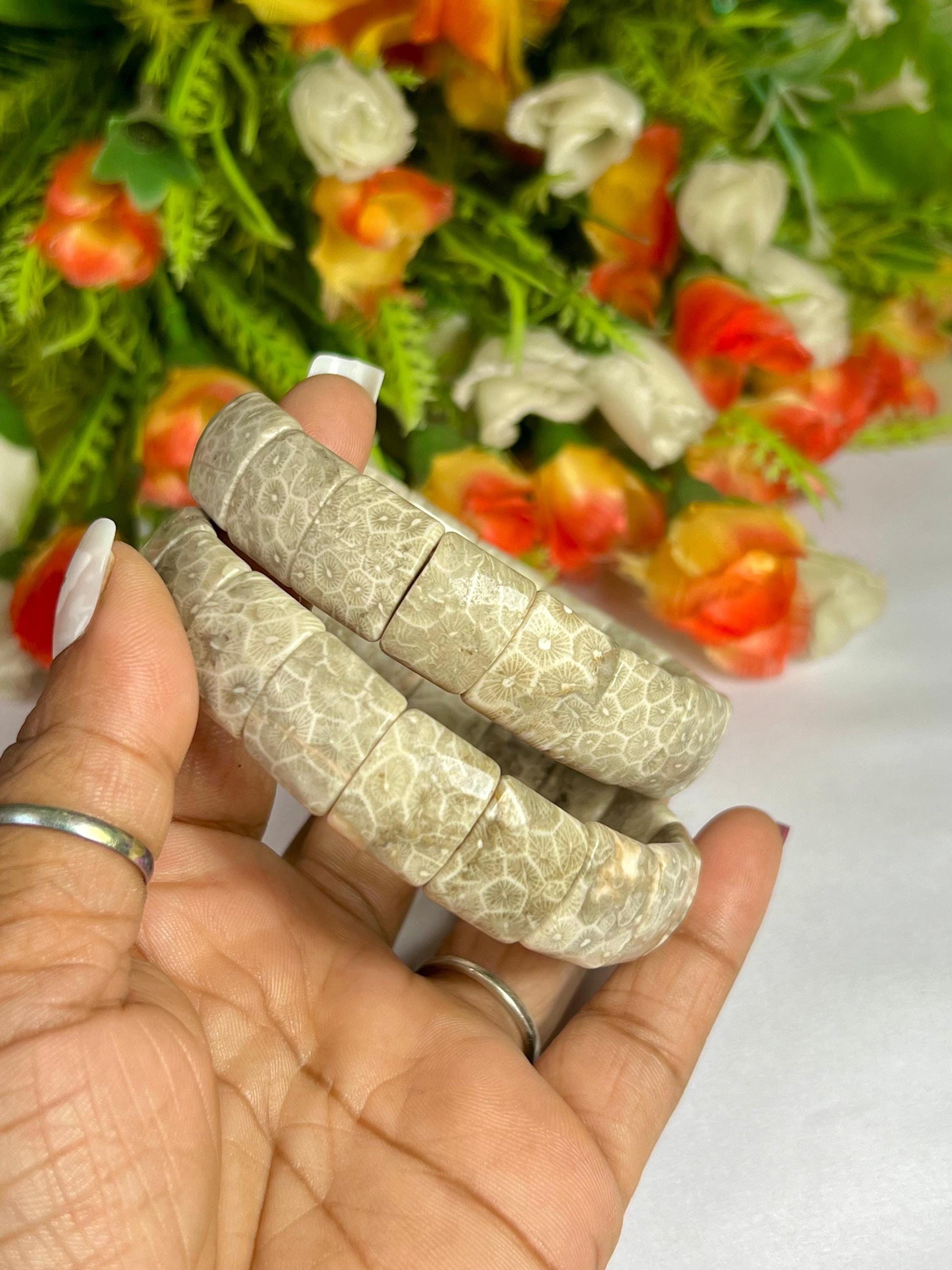 15 MM Fossil Coral Stone Bracelet l Stretchable Bracelet