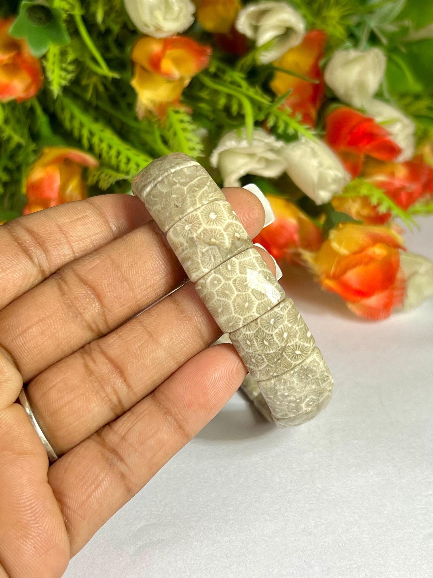 15 MM Fossil Coral Stone Bracelet l Stretchable Bracelet