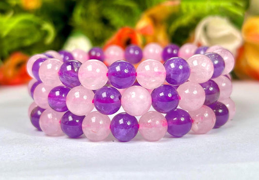 Rose Quartz  and Amethyst Stone Bracelet l Stretchable Bracelet l Unisex Bracelet l 8 MM Bracelet