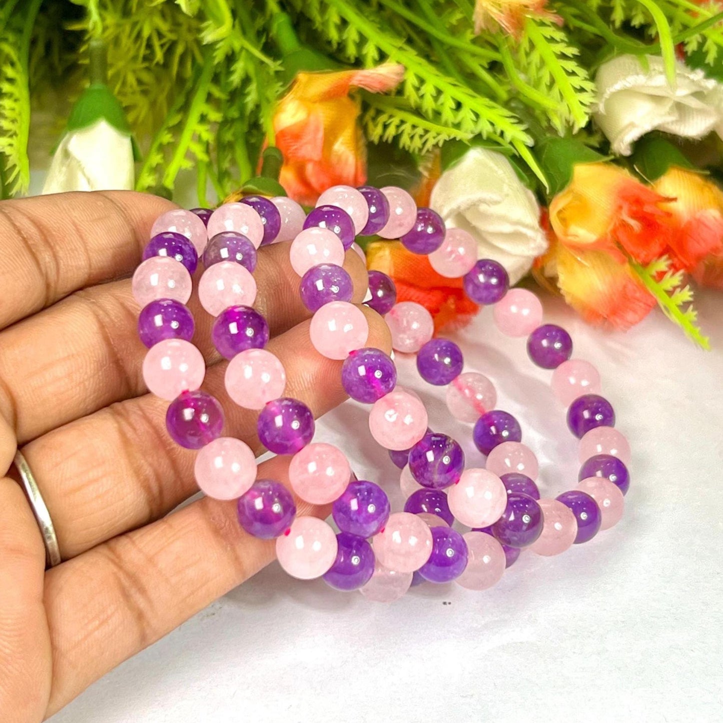 Rose Quartz  and Amethyst Stone Bracelet l Stretchable Bracelet l Unisex Bracelet l 8 MM Bracelet