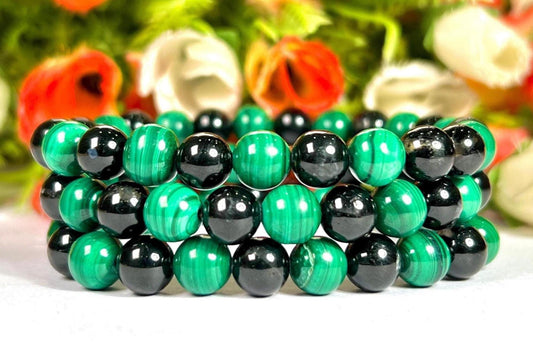 Malachite and Black Tourmaline Stone Bracelet l Stretchable Bracelet l Unisex Bracelet l 8 MM Bracelet