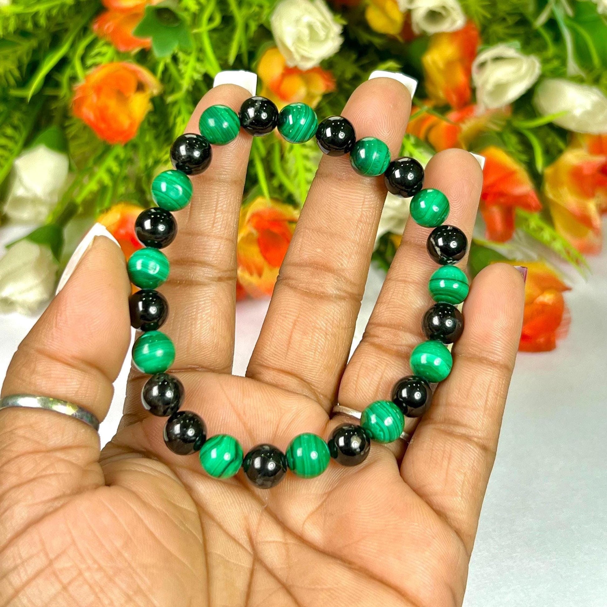 Malachite and Black Tourmaline Stone Bracelet l Stretchable Bracelet l Unisex Bracelet l 8 MM Bracelet