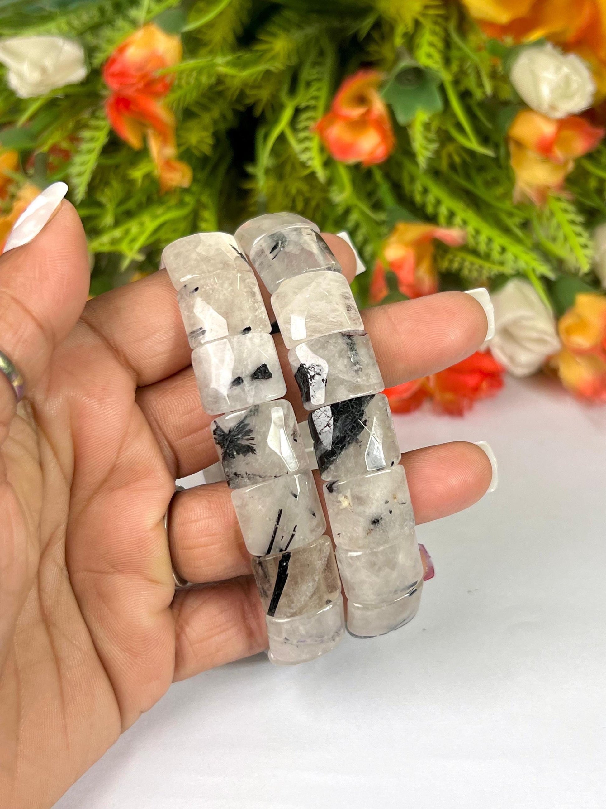 15 MM Tourmalated Quartz Stone Bracelet l Stretchable Bracelet