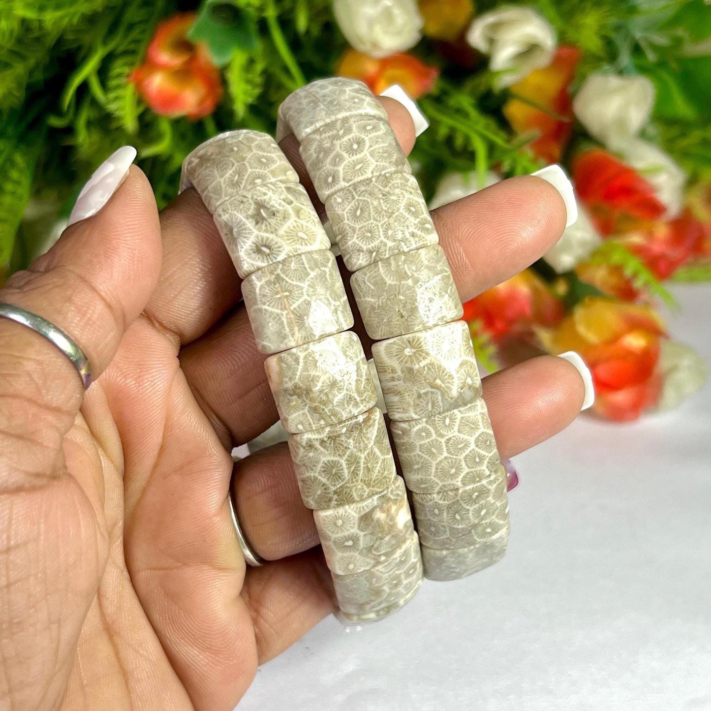 15 MM Fossil Coral Stone Bracelet l Stretchable Bracelet