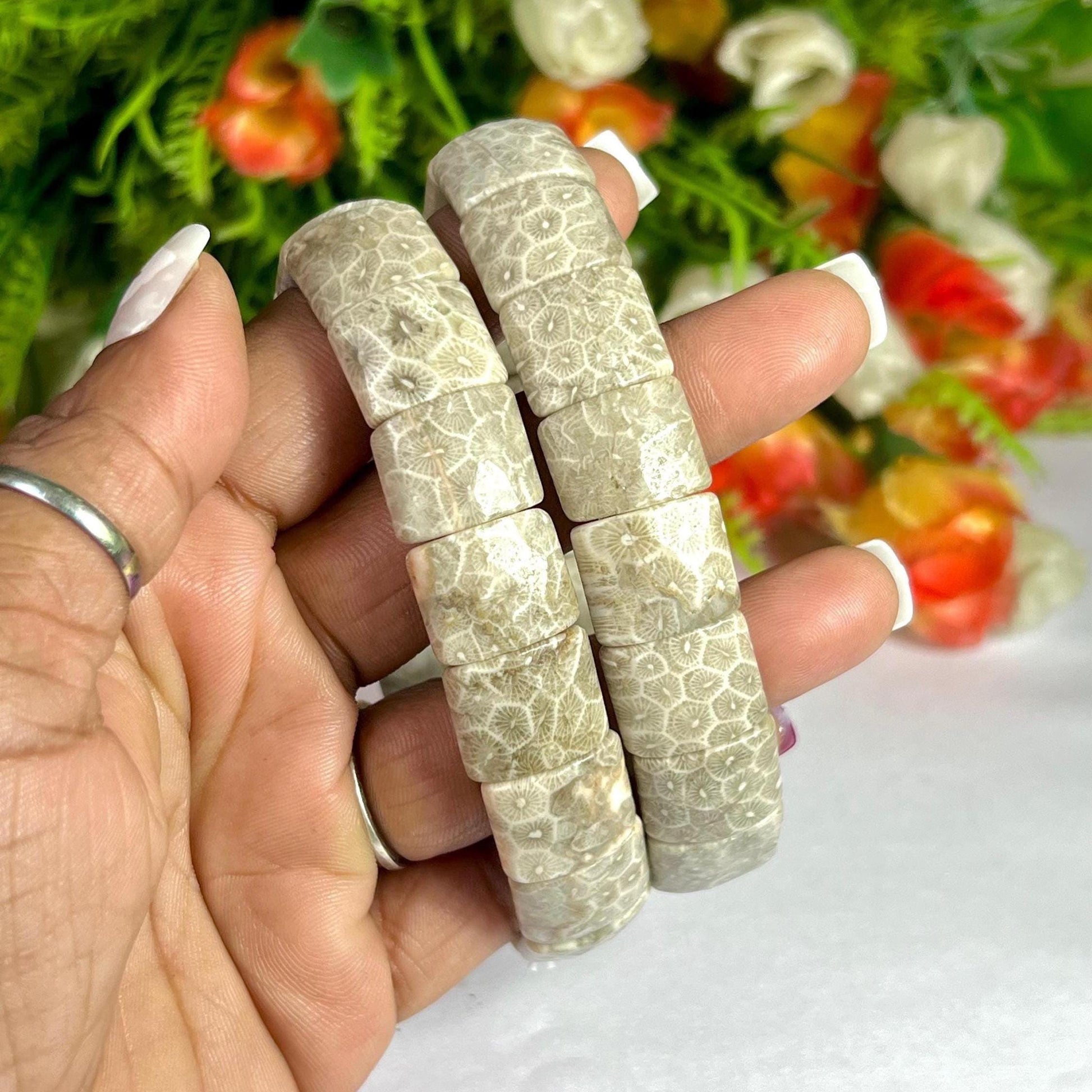 15 MM Fossil Coral Stone Bracelet l Stretchable Bracelet