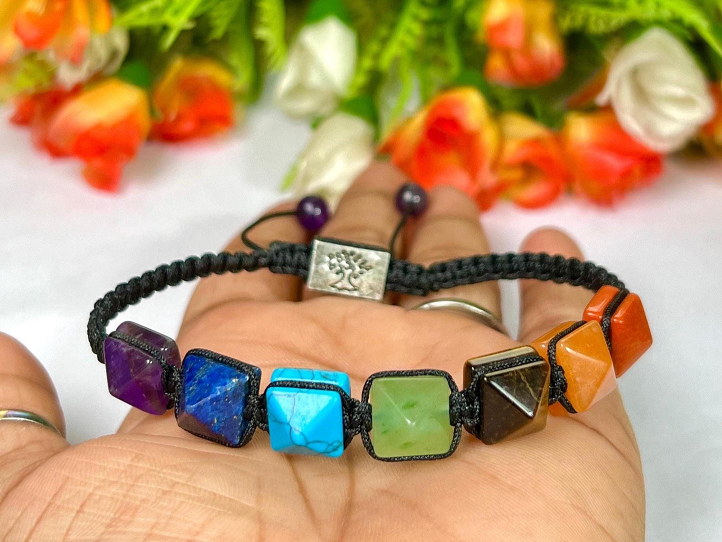7 Seven Chakra Stone Pyramid Shape Stone Bracelet l 10 MM Adjustable Bracelet