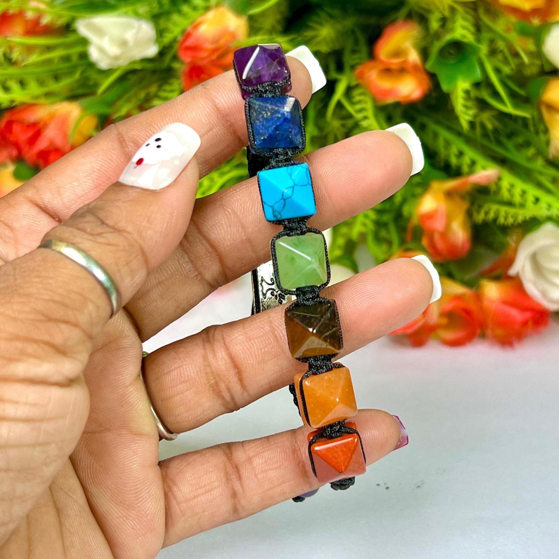 7 Seven Chakra Stone Pyramid Shape Stone Bracelet l 10 MM Adjustable Bracelet