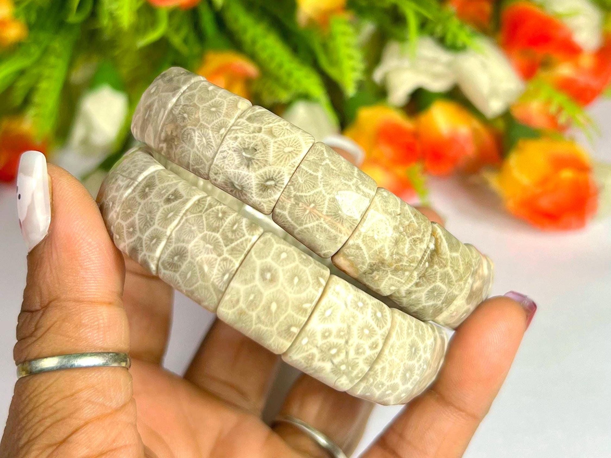 15 MM Fossil Coral Stone Bracelet l Stretchable Bracelet