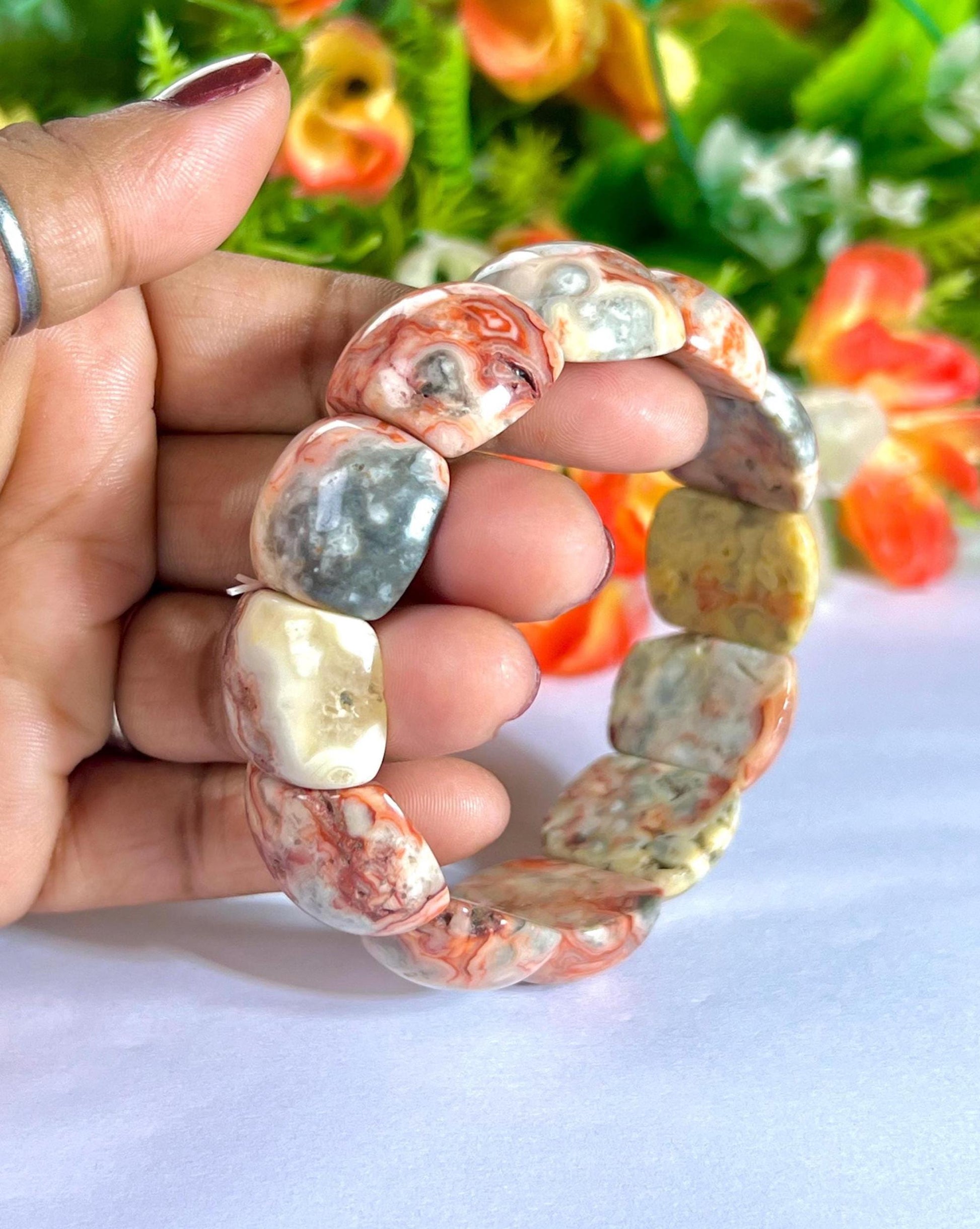 20 MM Crazy Lace Agate Stone Bracelet With Natural Druzy and Pin Hole l Stretchable Bracelet