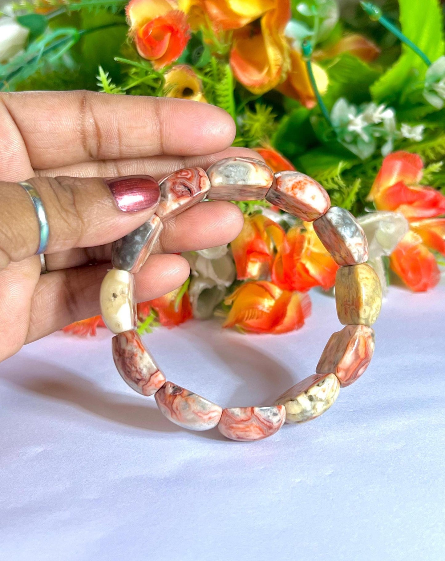 20 MM Crazy Lace Agate Stone Bracelet With Natural Druzy and Pin Hole l Stretchable Bracelet