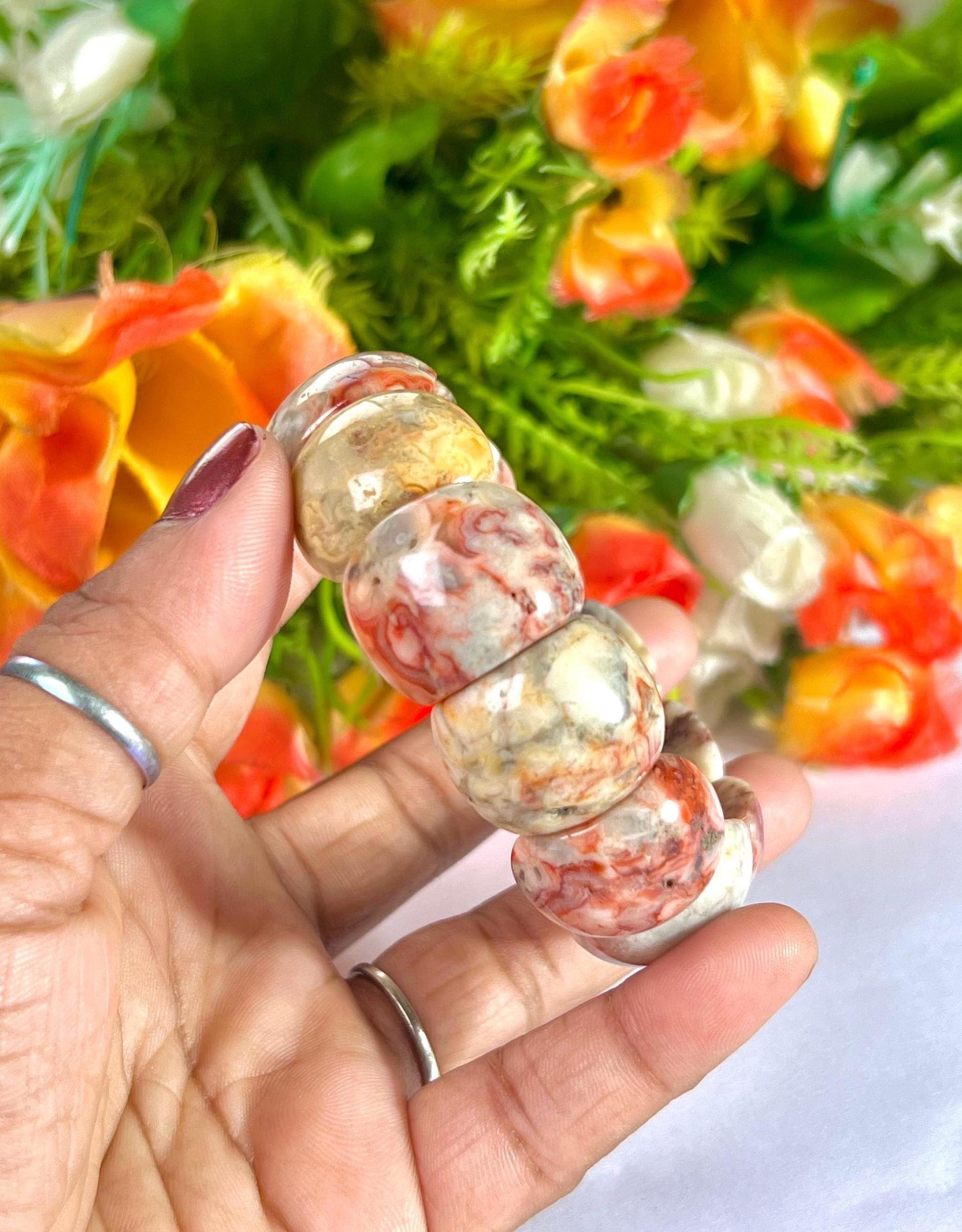 20 MM Crazy Lace Agate Stone Bracelet With Natural Druzy and Pin Hole l Stretchable Bracelet