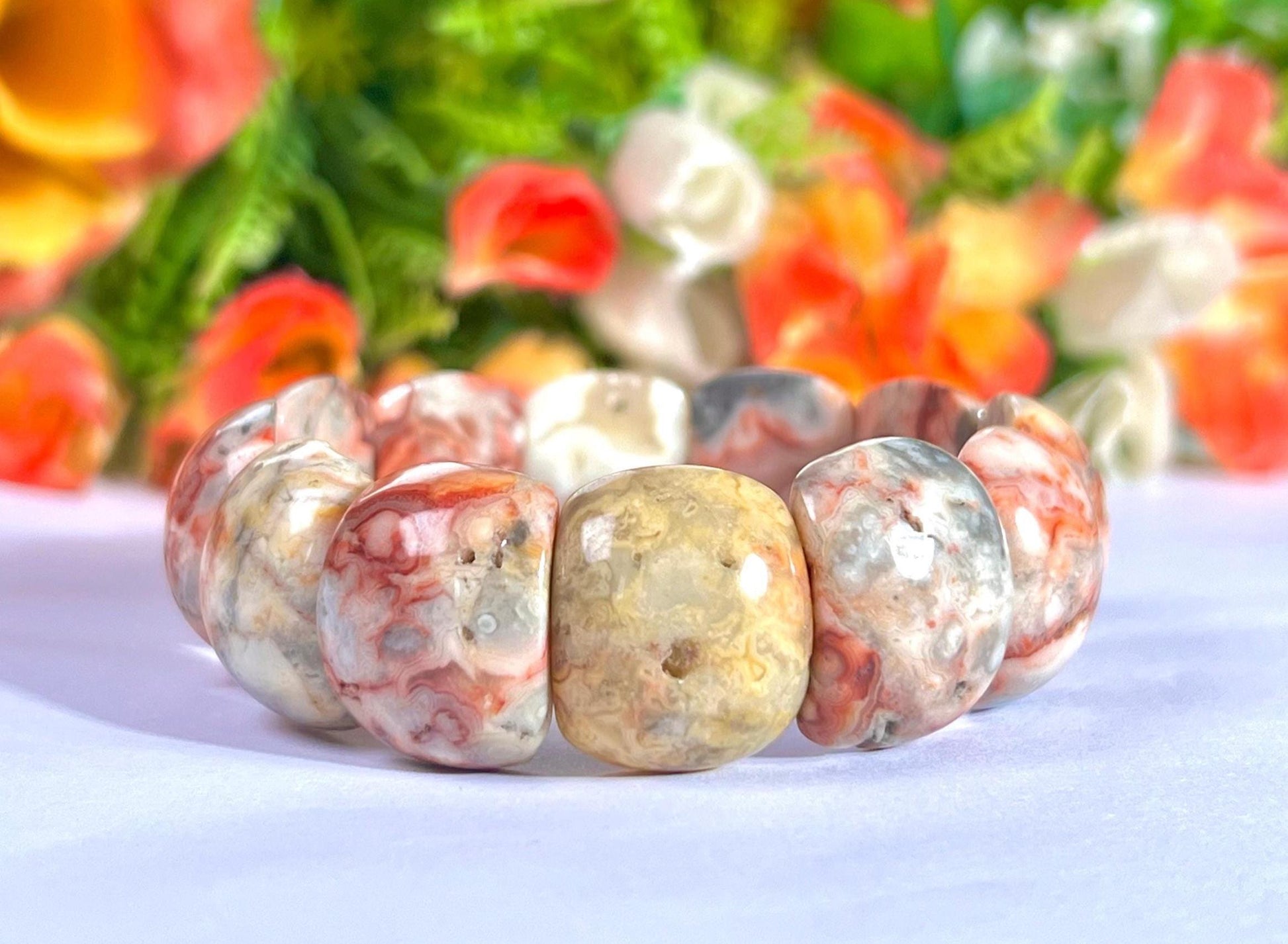 20 MM Crazy Lace Agate Stone Bracelet With Natural Druzy and Pin Hole l Stretchable Bracelet