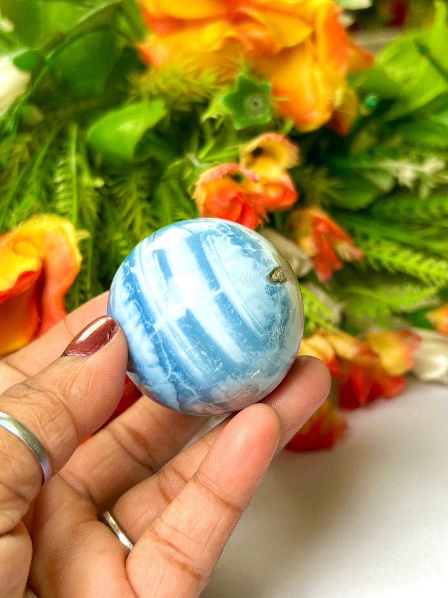 Blue Opal Stone Sphere 40 MM Crystal Ball Orb Pocket Stone Meditation Space Crystal Grid With wooden Stand