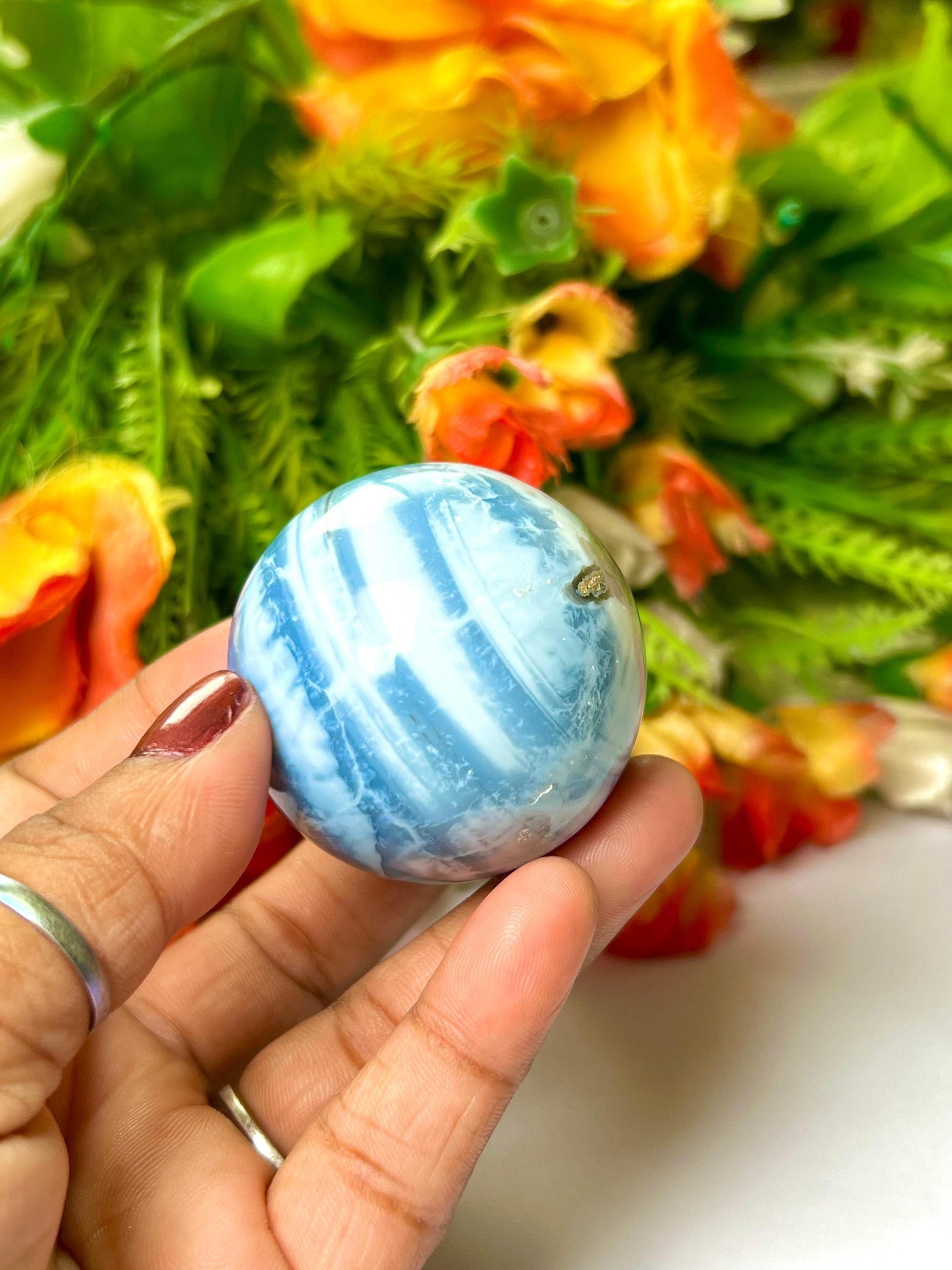 Blue Opal Stone Sphere 40 MM Crystal Ball Orb Pocket Stone Meditation Space Crystal Grid With wooden Stand