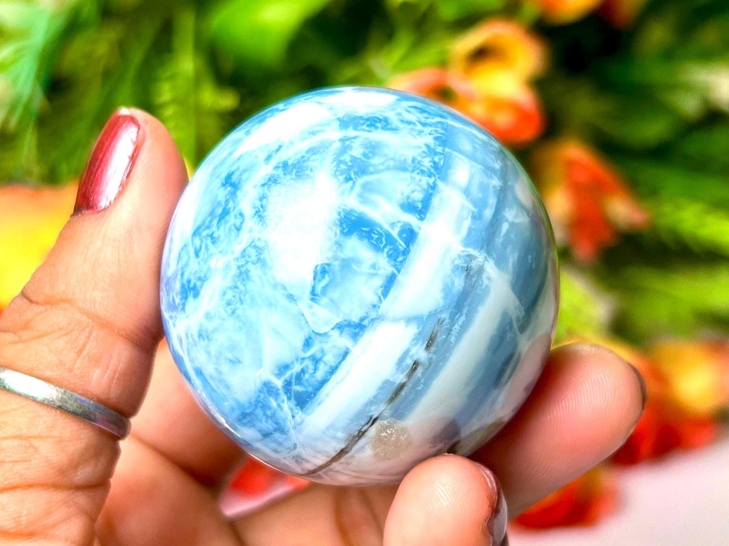 Blue Opal Stone Sphere 40 MM Crystal Ball Orb Pocket Stone Meditation Space Crystal Grid With wooden Stand