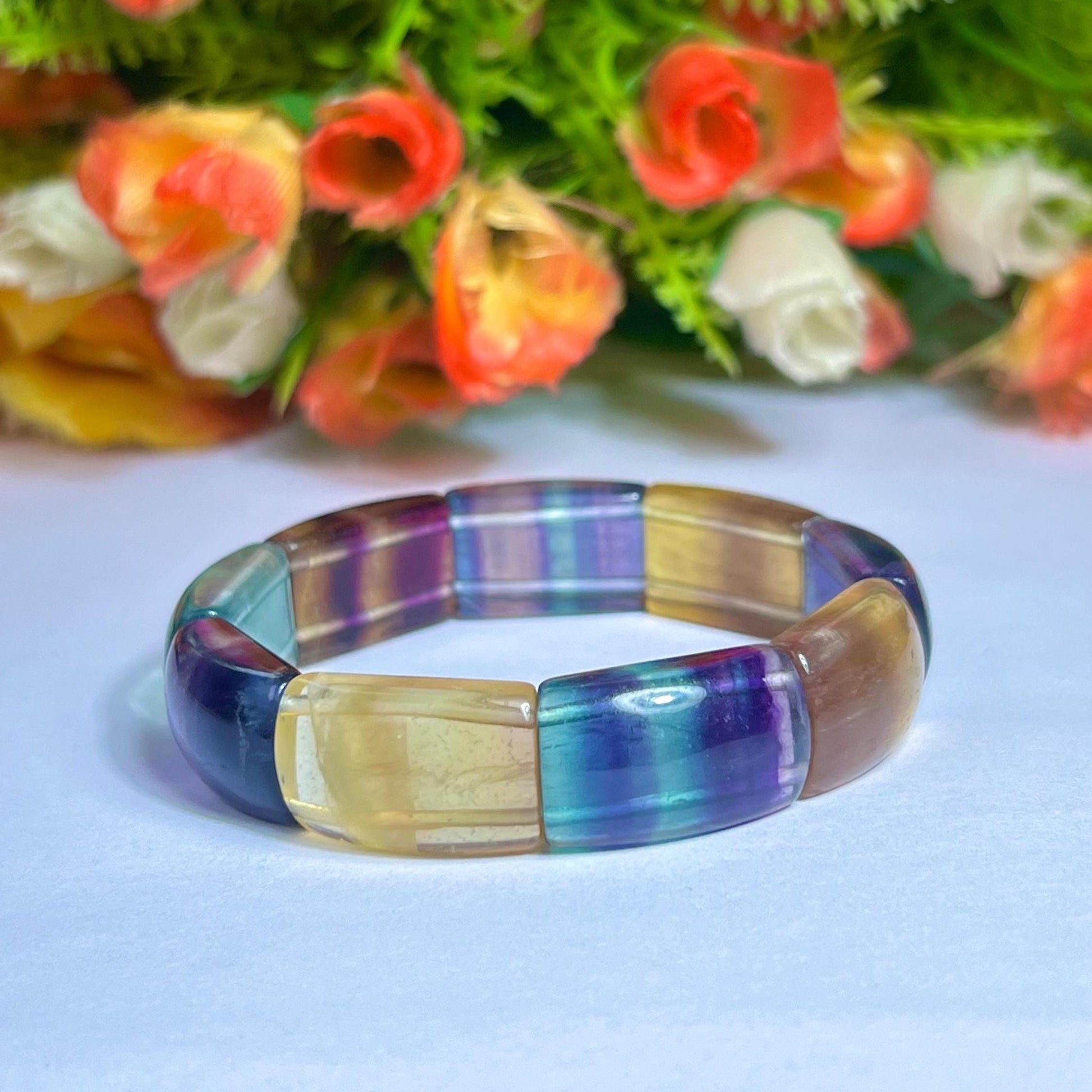 15 MM Rainbow Multi Fluorite Stone Bracelet l Stretchable Bracelet