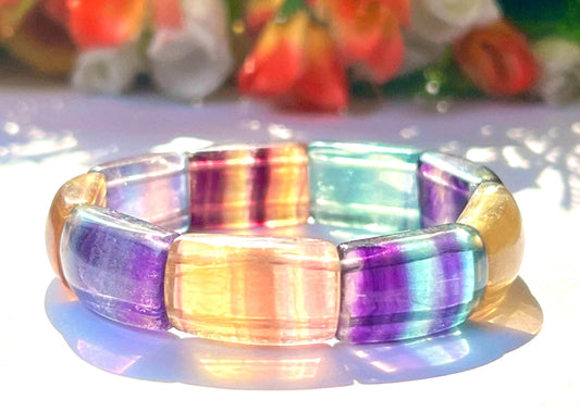 15 MM Rainbow Multi Fluorite Stone Bracelet l Stretchable Bracelet
