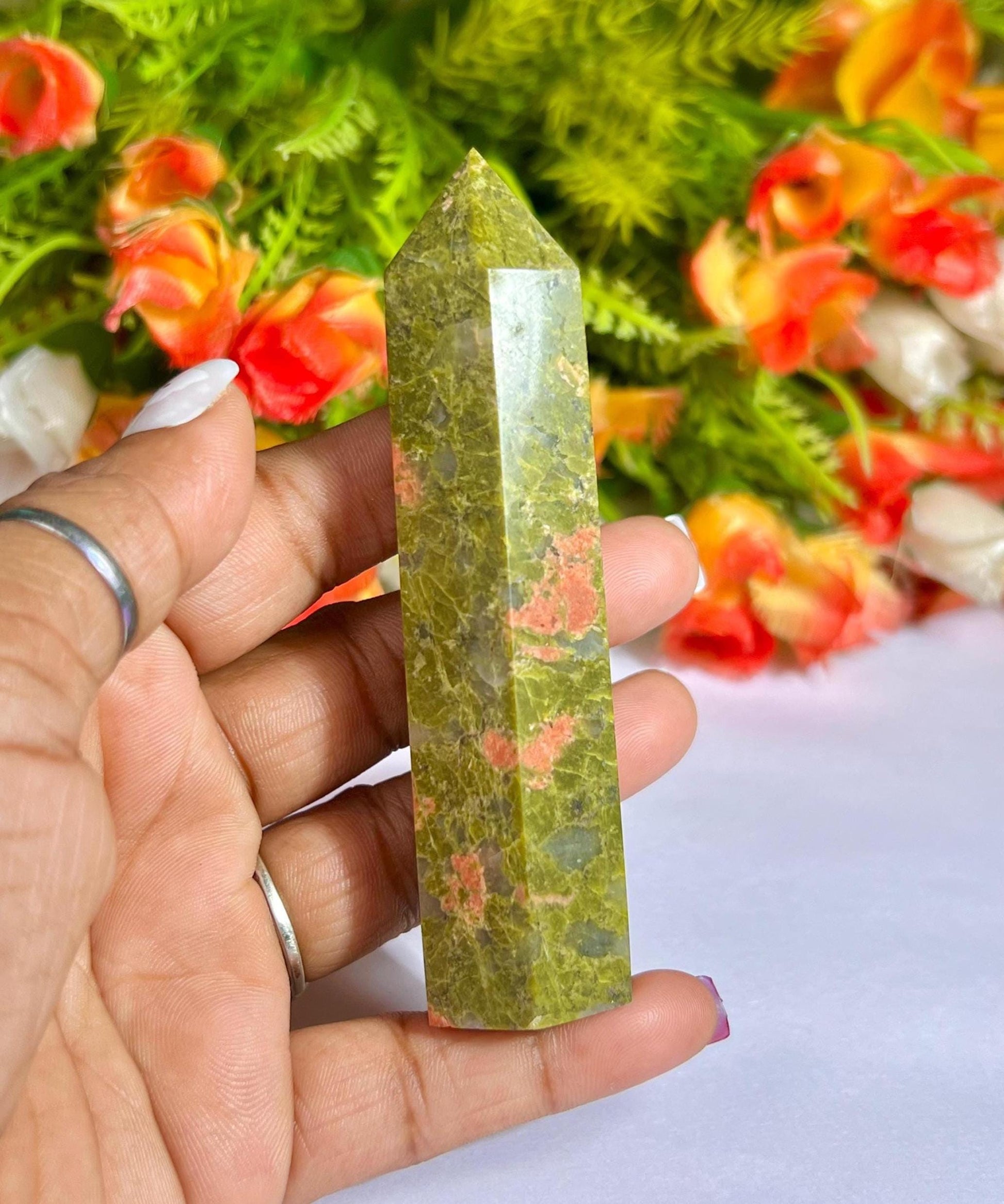 Unakite Stone Crystal Tower Pencil Point Generator - Gemstone Pencil Crystal Tower Wand Stone Obelisk - Home Car Decor Decoration 3" To 4"