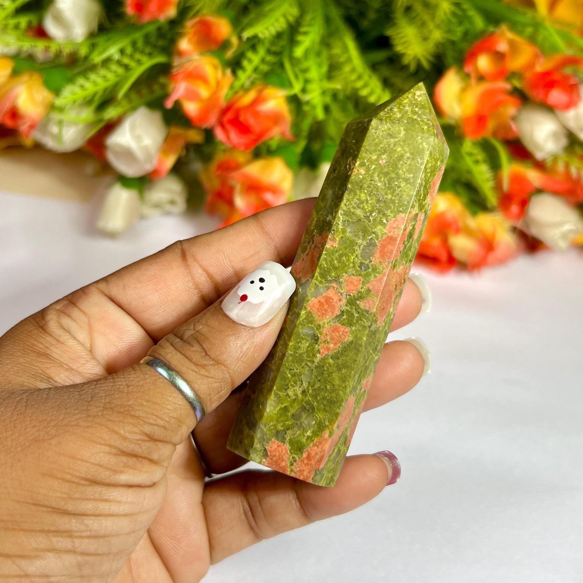 Unakite Stone Crystal Tower Pencil Point Generator - Gemstone Pencil Crystal Tower Wand Stone Obelisk - Home Car Decor Decoration 3" To 4"