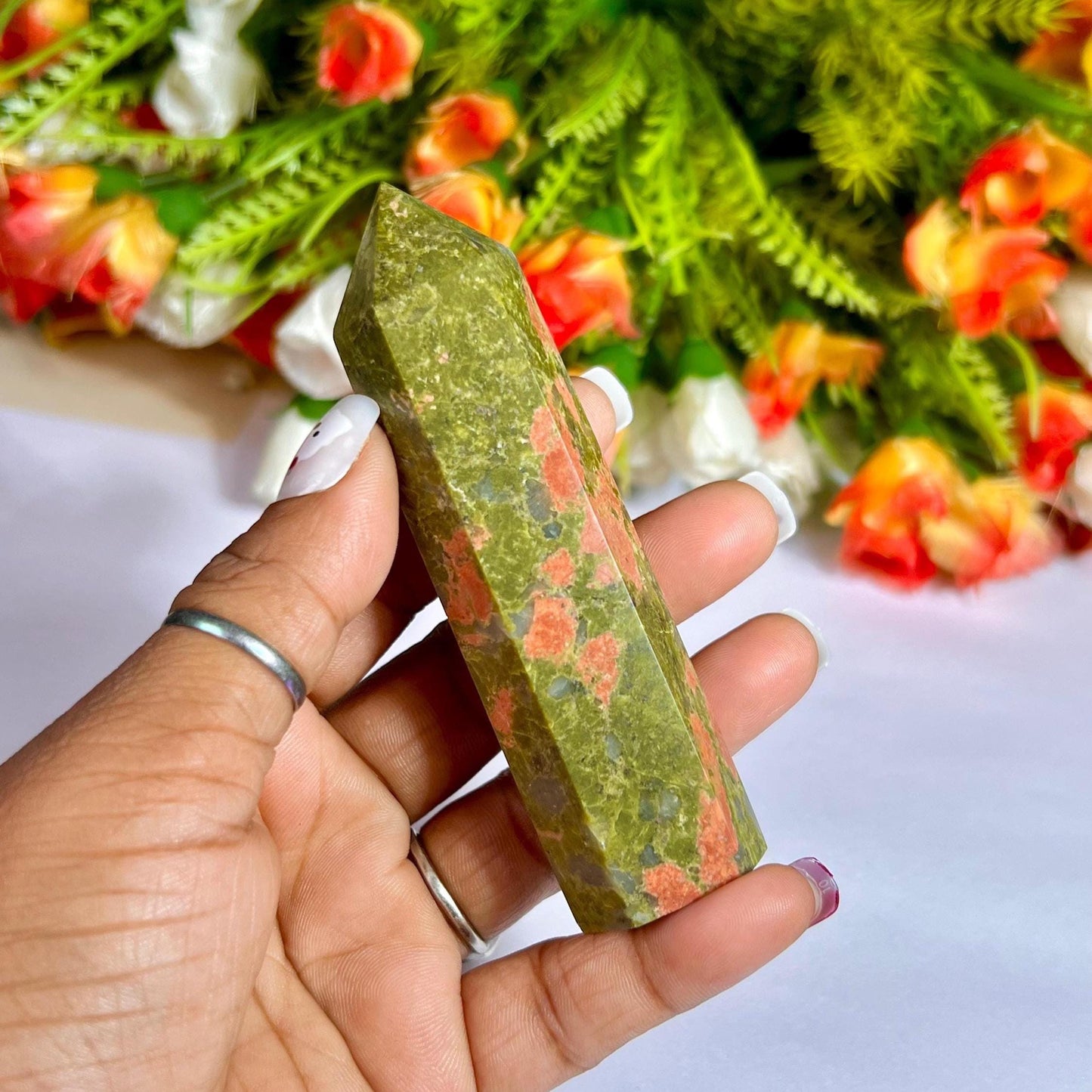 Unakite Stone Crystal Tower Pencil Point Generator - Gemstone Pencil Crystal Tower Wand Stone Obelisk - Home Car Decor Decoration 3" To 4"