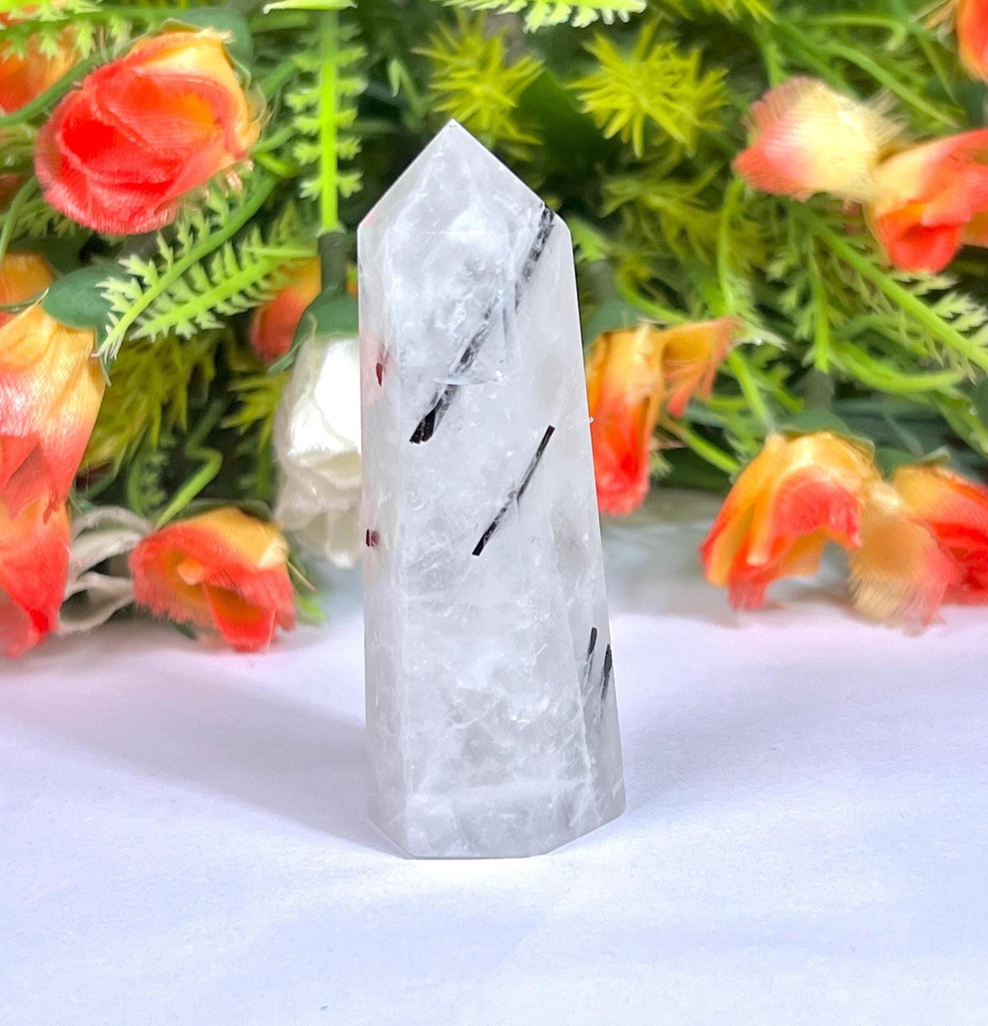 Tourmalated Quartz Stone Tower Pencil Point Generator-Gemstone Pencil Crystal Tower Wand Stone Obelisk -Home Car Decor Decoration 3" To 4"
