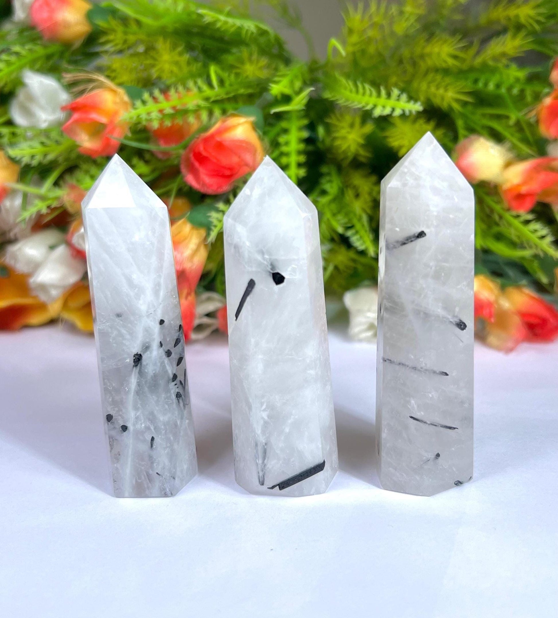 Tourmalated Quartz Stone Tower Pencil Point Generator-Gemstone Pencil Crystal Tower Wand Stone Obelisk -Home Car Decor Decoration 3" To 4"