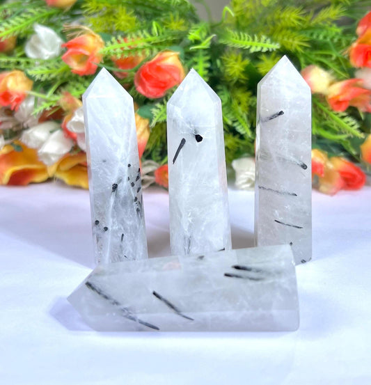 Tourmalated Quartz Stone Tower Pencil Point Generator-Gemstone Pencil Crystal Tower Wand Stone Obelisk -Home Car Decor Decoration 3" To 4"