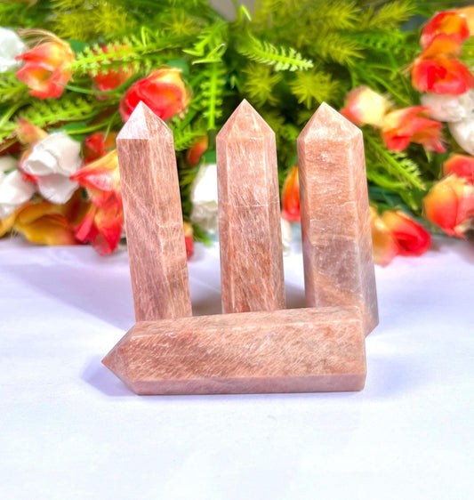 Peach Moonstone Tower Pencil Point Generator-Gemstone Pencil Crystal Tower Wand Stone Obelisk -Home Car Decor Decoration 3" To 4"