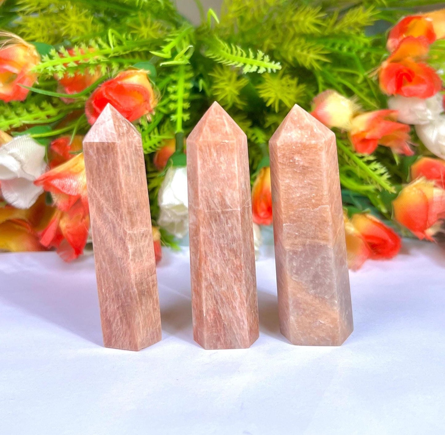 Peach Moonstone Tower Pencil Point Generator-Gemstone Pencil Crystal Tower Wand Stone Obelisk -Home Car Decor Decoration 3" To 4"