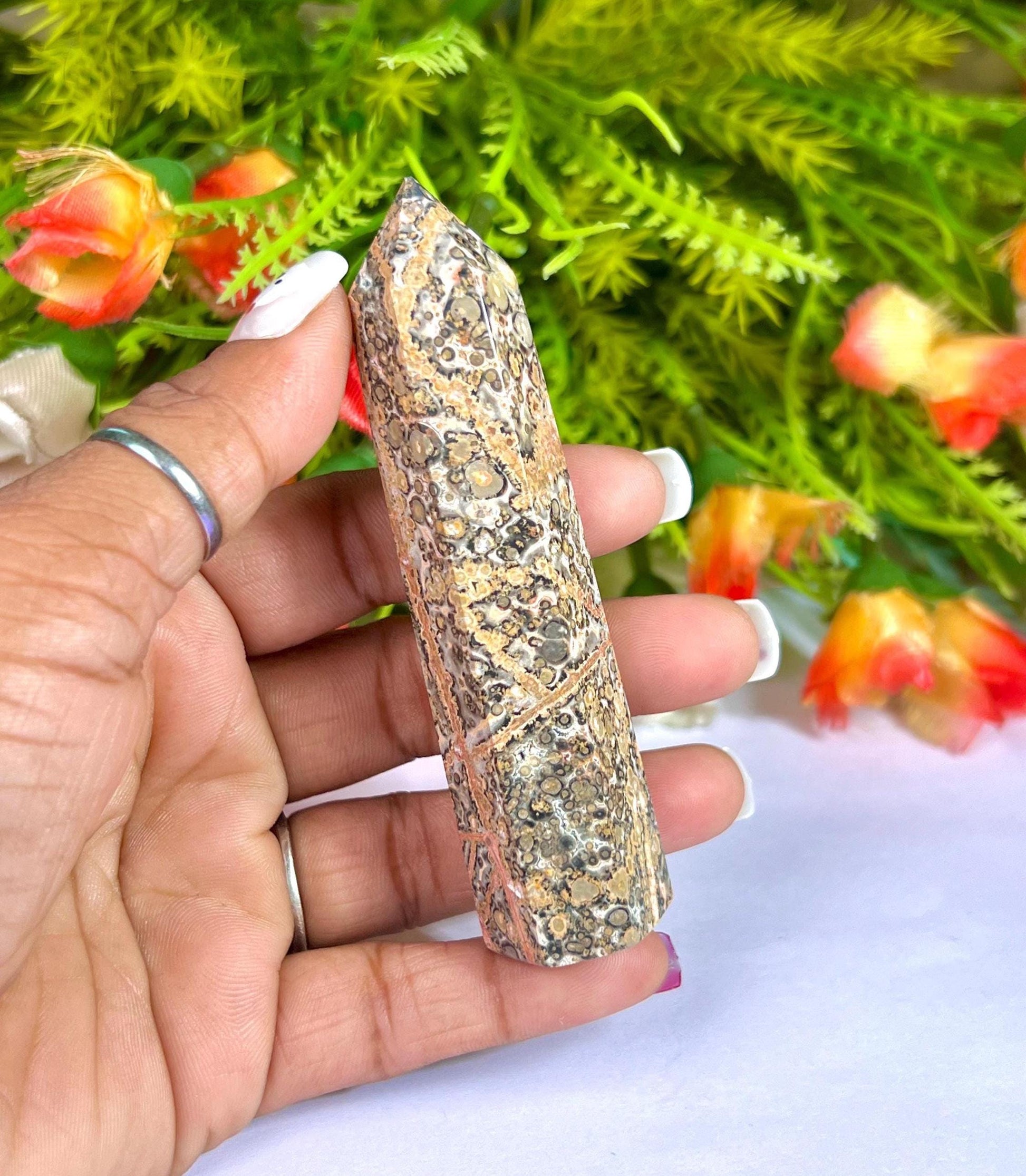 Leopard Skin Jasper Stone Tower Pencil Point Generator-Gemstone Pencil Crystal Tower Wand Stone Obelisk -Home Car Decor Decoration 3" To 4"