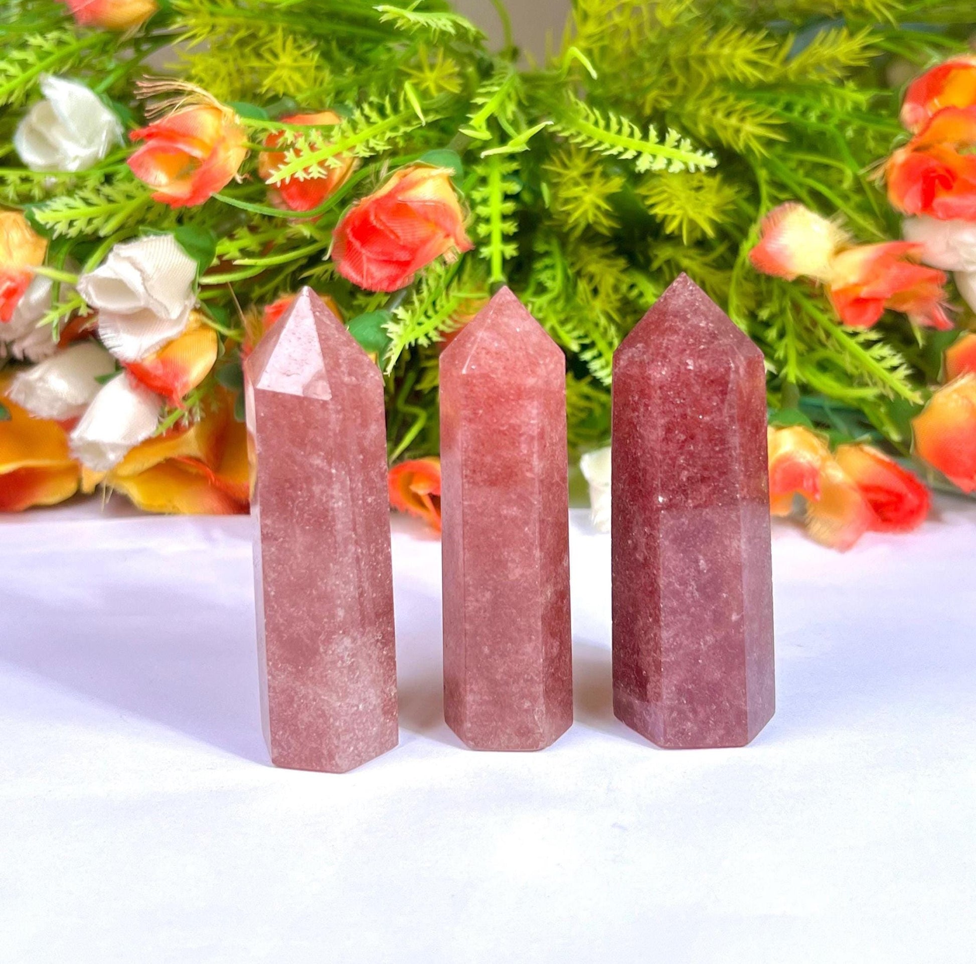 Strawberry Quartz Stone Tower Pencil Point Generator-Gemstone Pencil Crystal Tower Wand Stone Obelisk -Home Car Decor Decoration 3" To 4"
