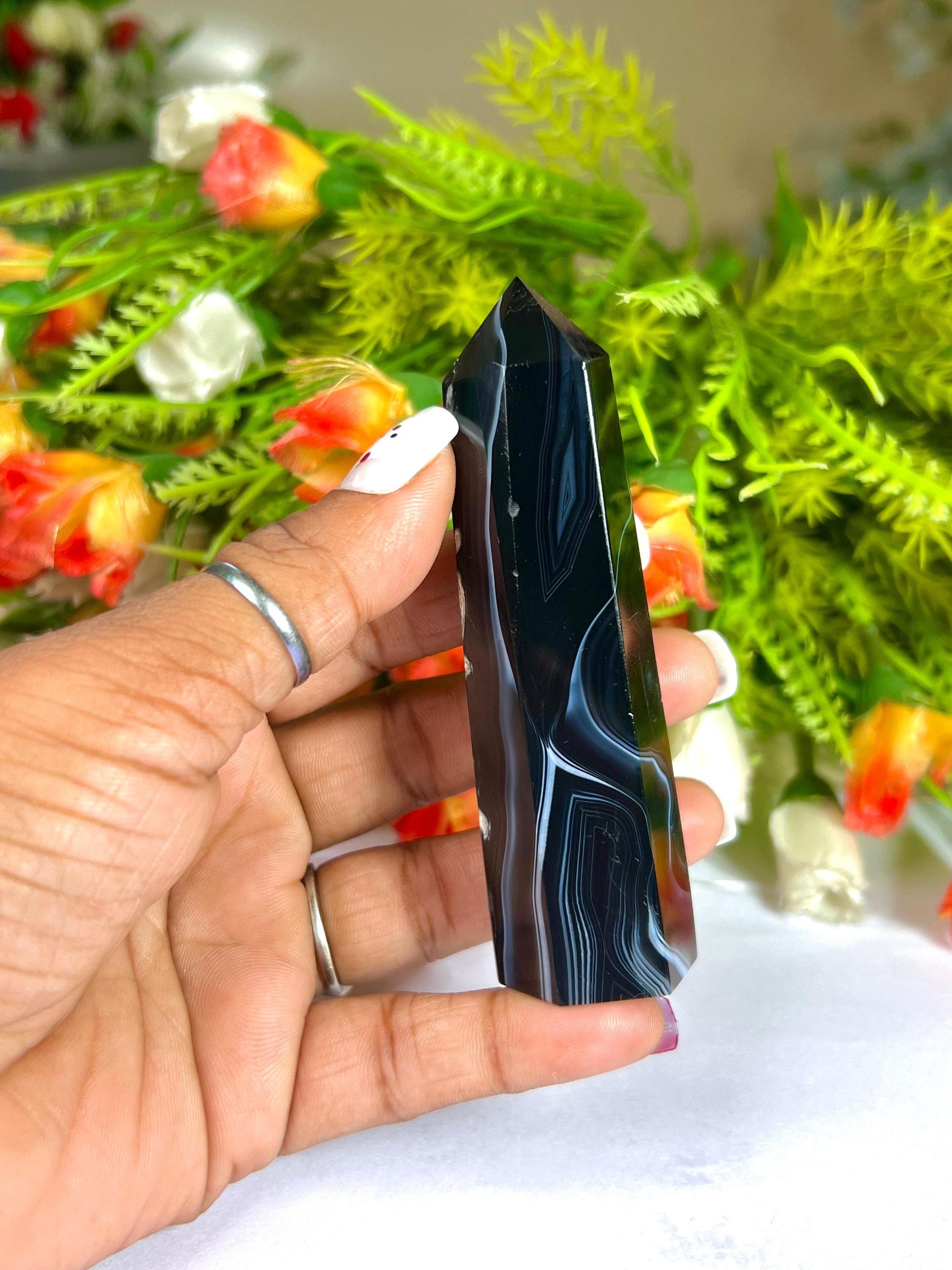 Black Sulemani Stone Tower Pencil Point Generator-Gemstone Pencil Crystal Tower Wand Stone Obelisk -Home Car Decor Decoration 3" To 4"