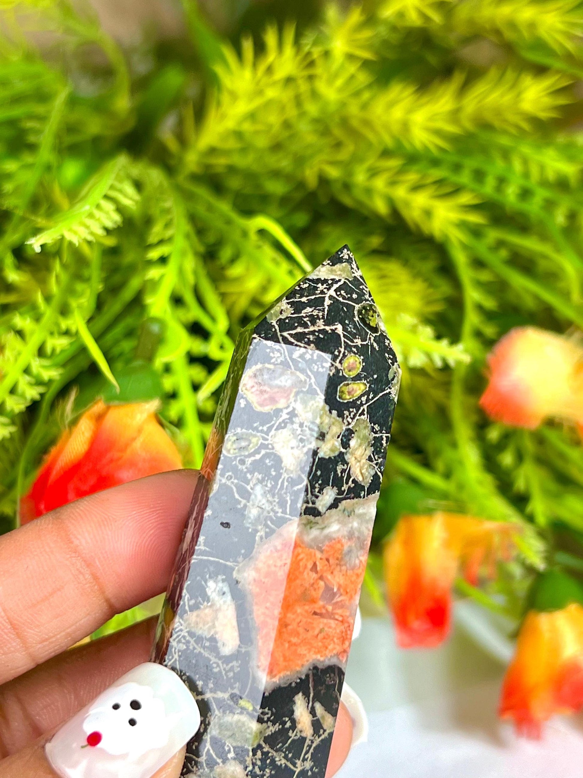 Plum Blossom Jasper Stone Tower Pencil Point Generator-Gemstone Pencil Crystal Tower Wand Stone Obelisk -Home Car Decor Decoration 3" To 4"
